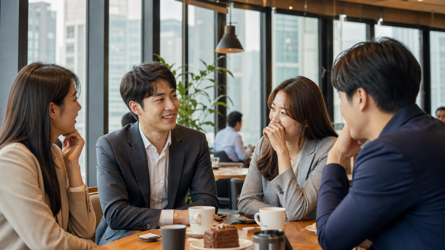 고급 카페에서 진솔한 대화를 나누고 있는 젊은 직장인들