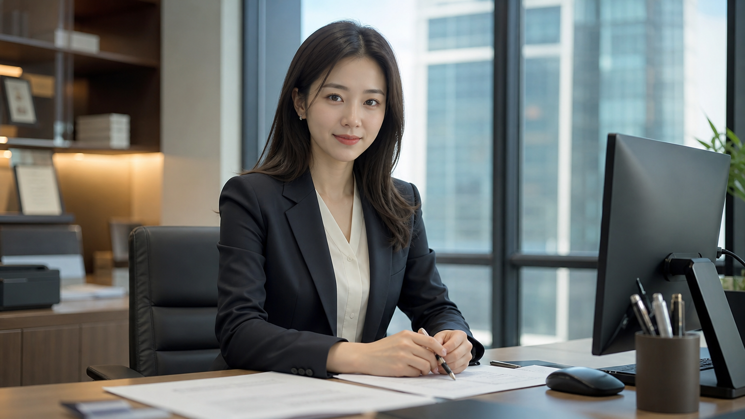 현대적 사무실 환경에서 프로페셔널하게 일하는 세련된 여성