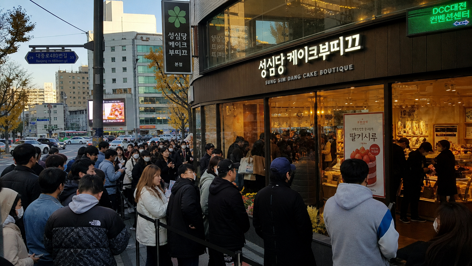 새벽에 대전의 현대적인 빵집 앞에 줄 서 있는 사람들