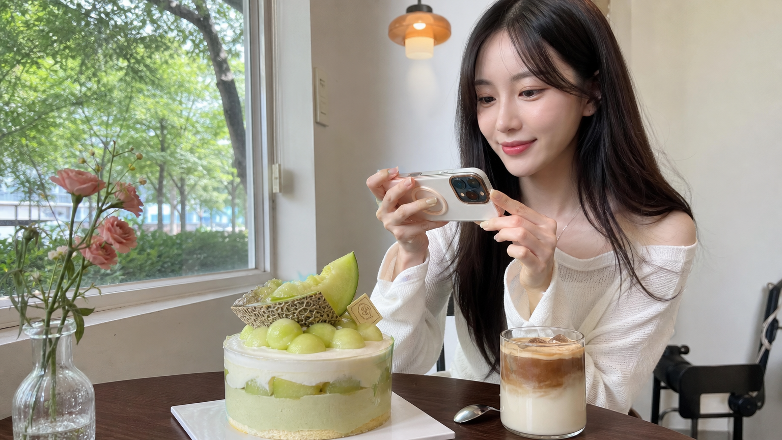 카페에서 화려한 비주얼의 멜론 케이크 사진을 찍는 인플루언서