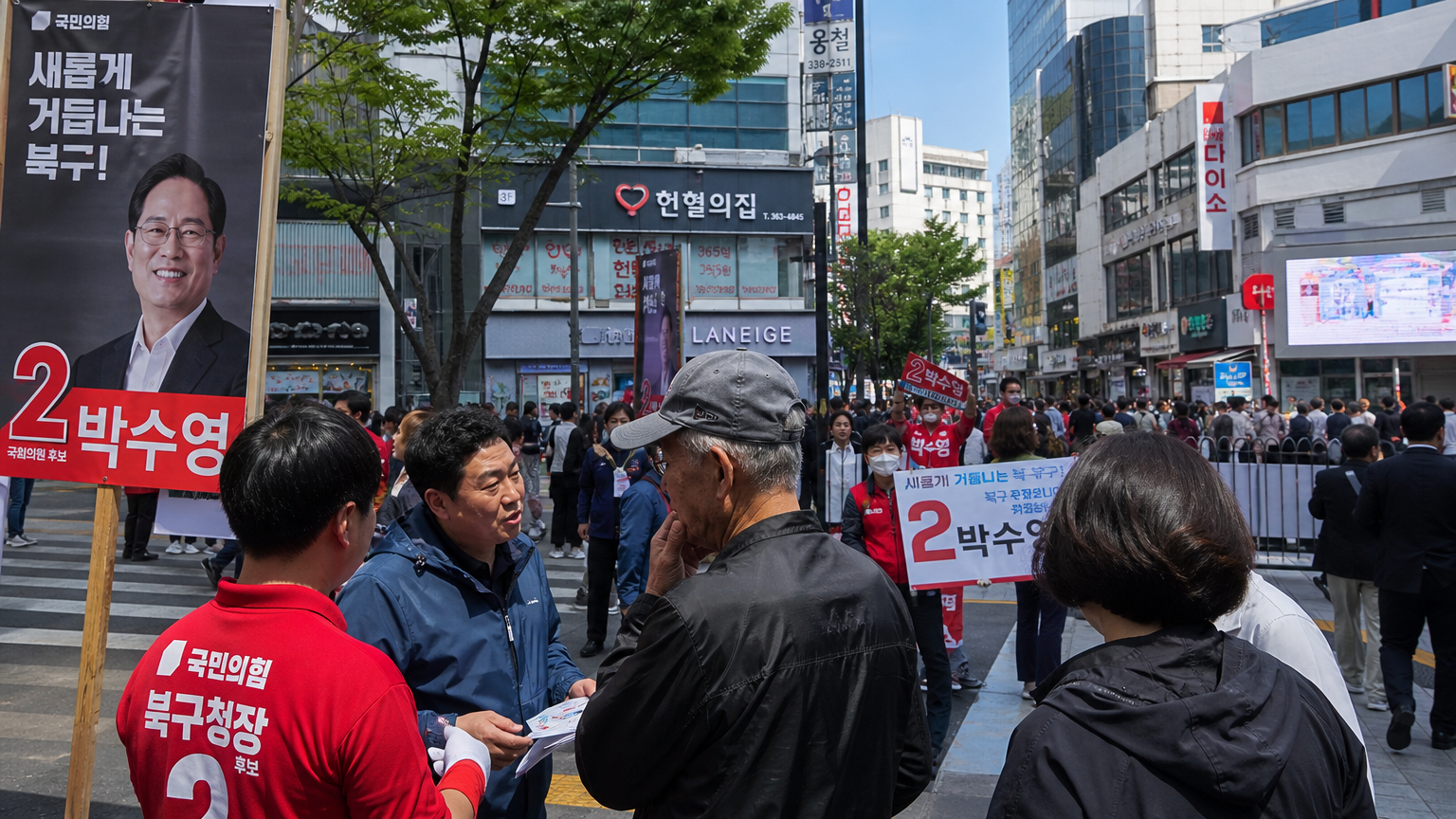부산 북구 지역의 거리 풍경과 선거 포스터가 있는 장면
