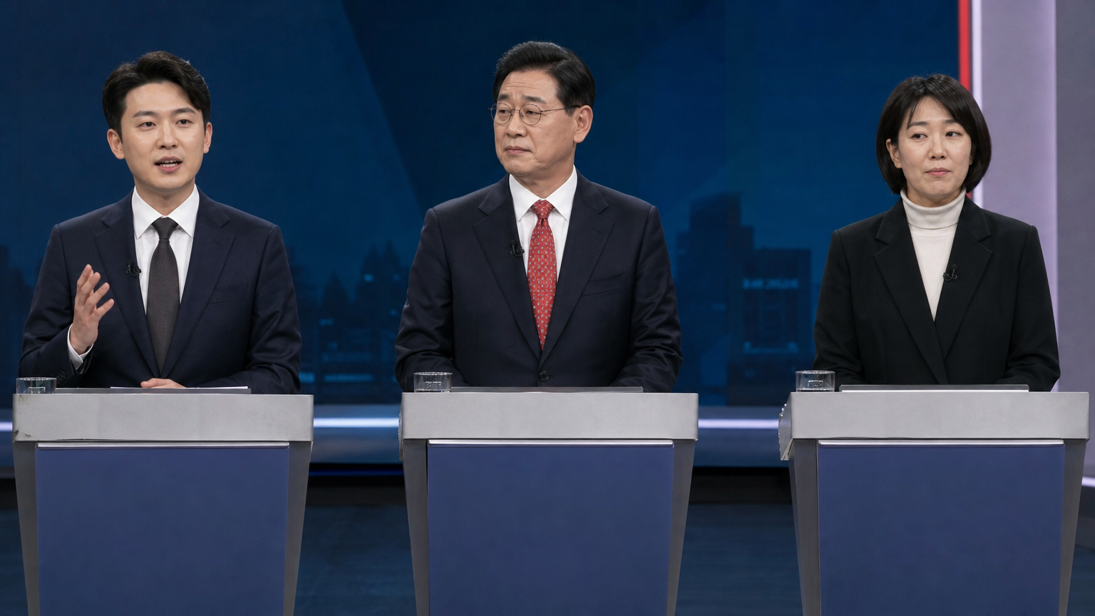세 명의 다양한 후보들이 토론회에 참여하는 모습