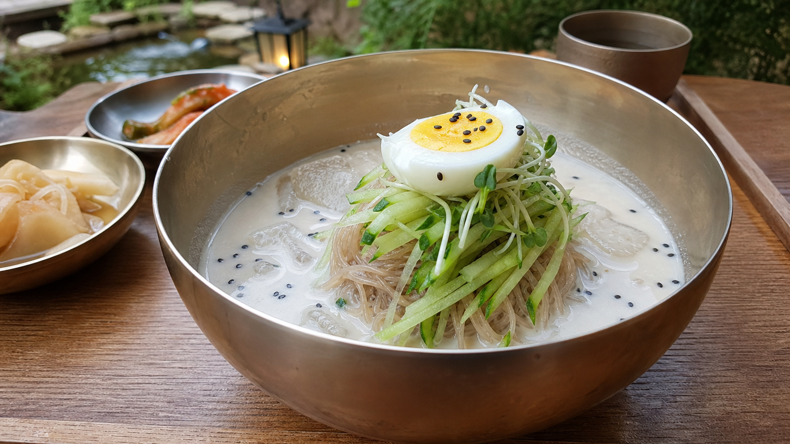 야외 테라스에서 콩국수 국물이 담긴 전통 그릇에 서빙된 모습