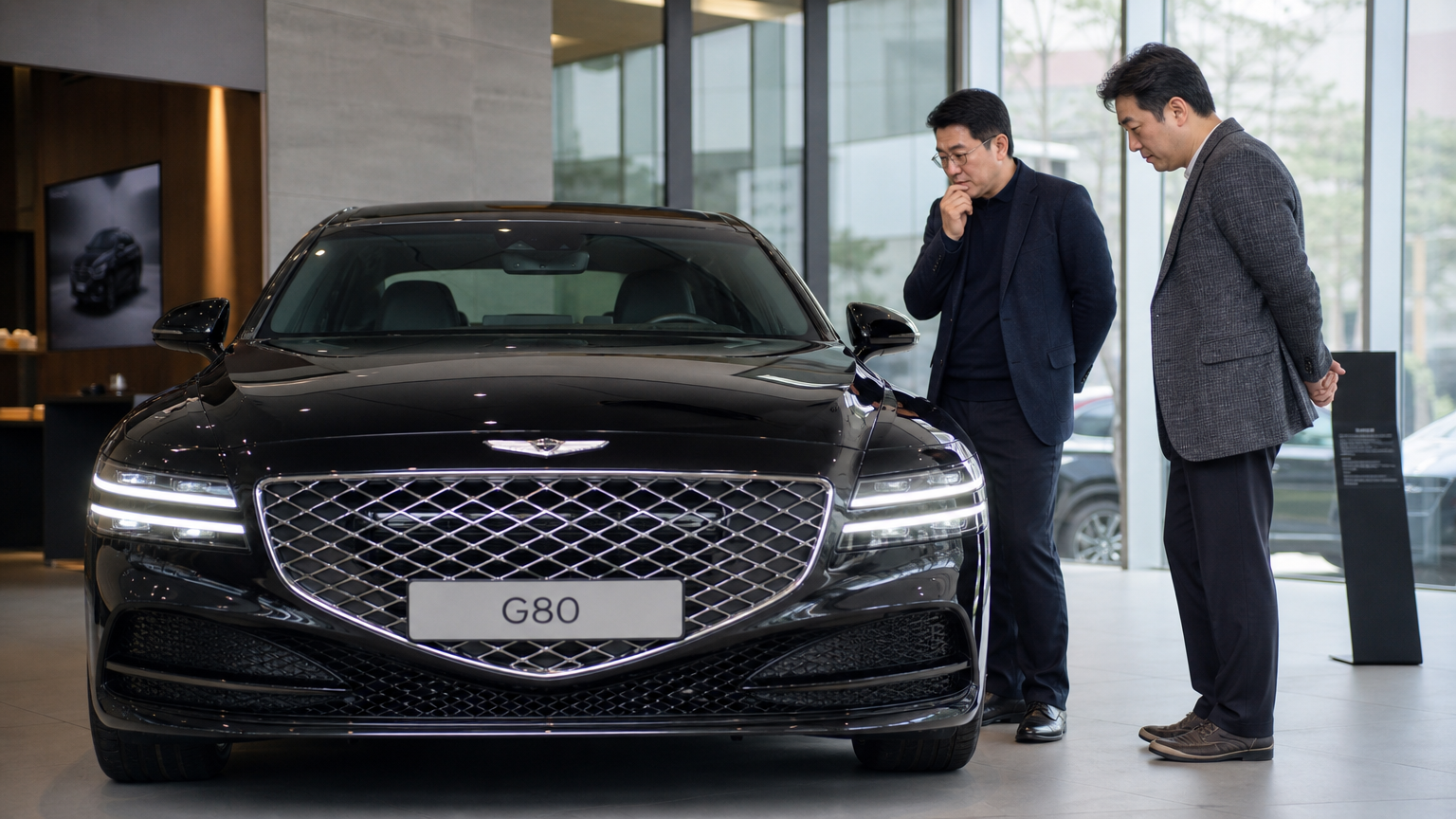중년 남성들이 제네시스 G80을 쇼룸에서 살펴보는 장면