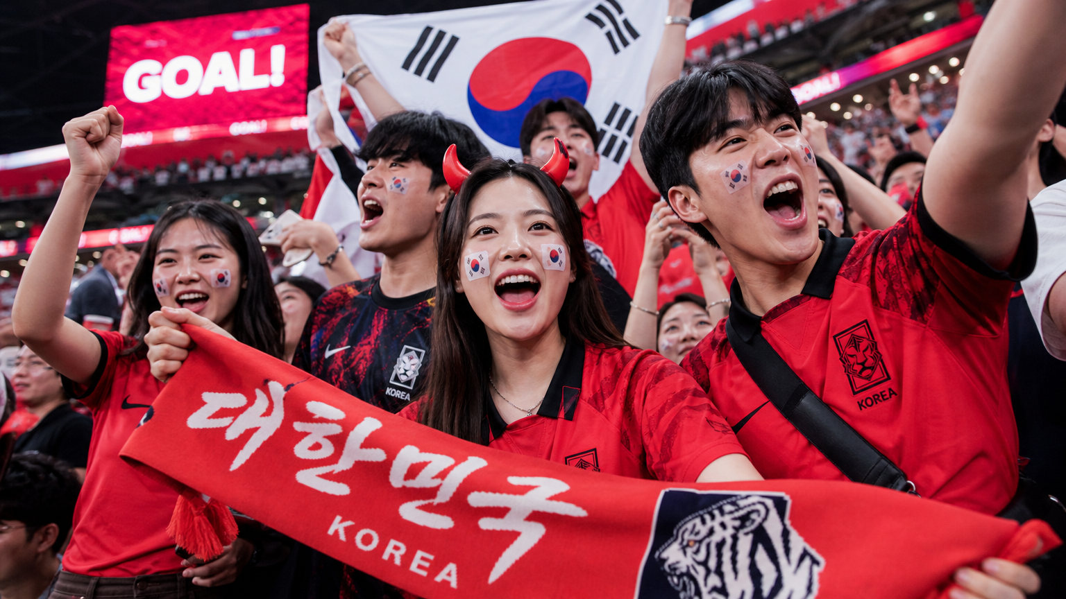 축구 팬들이 경기장에서 열정적으로 응원하는 모습