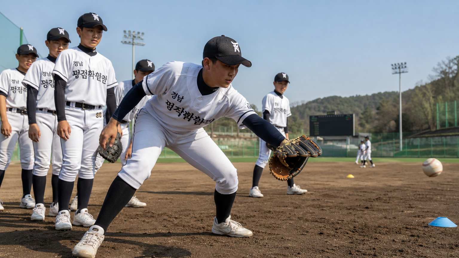 젊은 한국 야구 선수들이 푸른 하늘 아래서 팀워크를 발휘하며 연습하는 장면