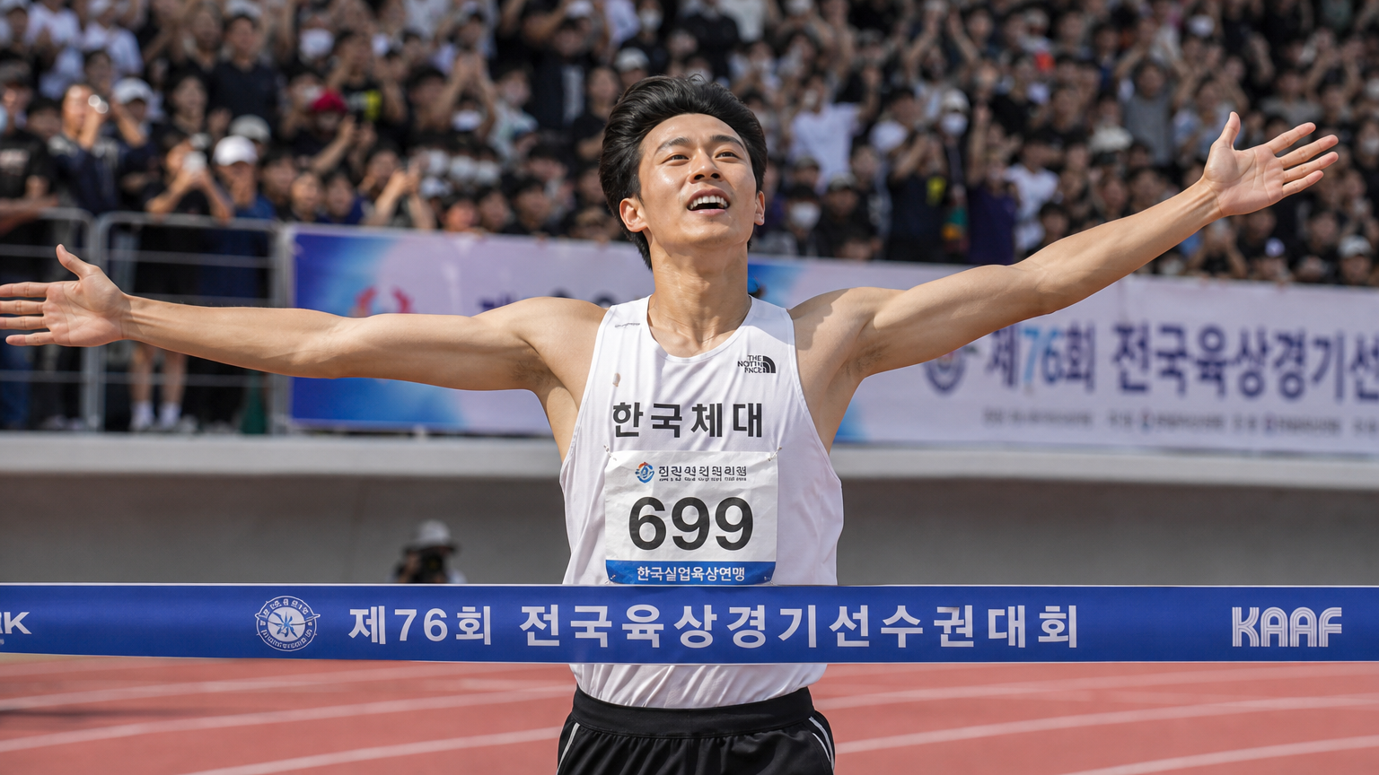 전국육상선수권대회에서 결승선을 넘으며 환호하는 선수의 모습