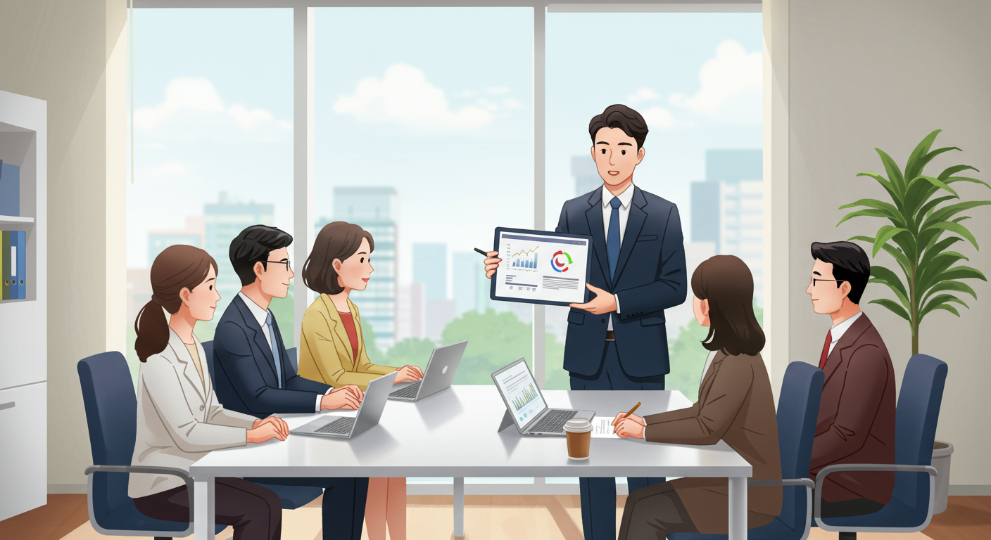 밝은 사무실에서 고객들에게 이자 감면 등의 혜택을 설명하는 은행 직원