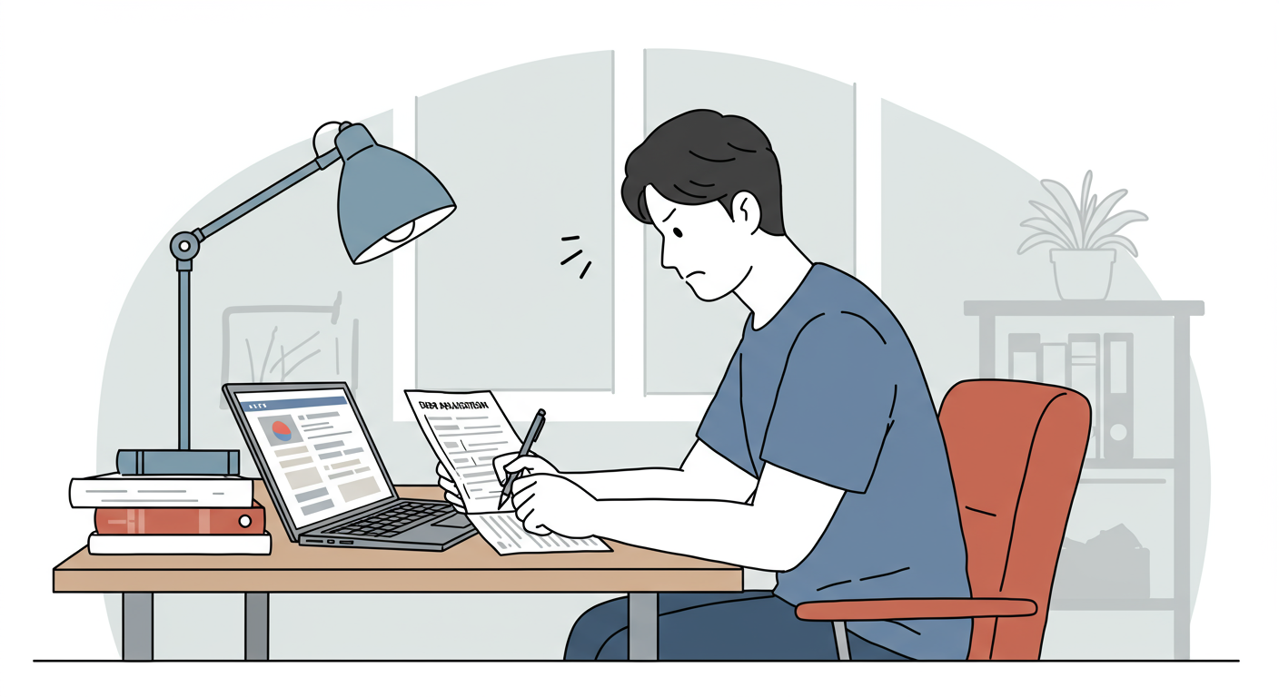 집에서 집중하여 온라인으로 채무조정 신청서를 작성하는 사람