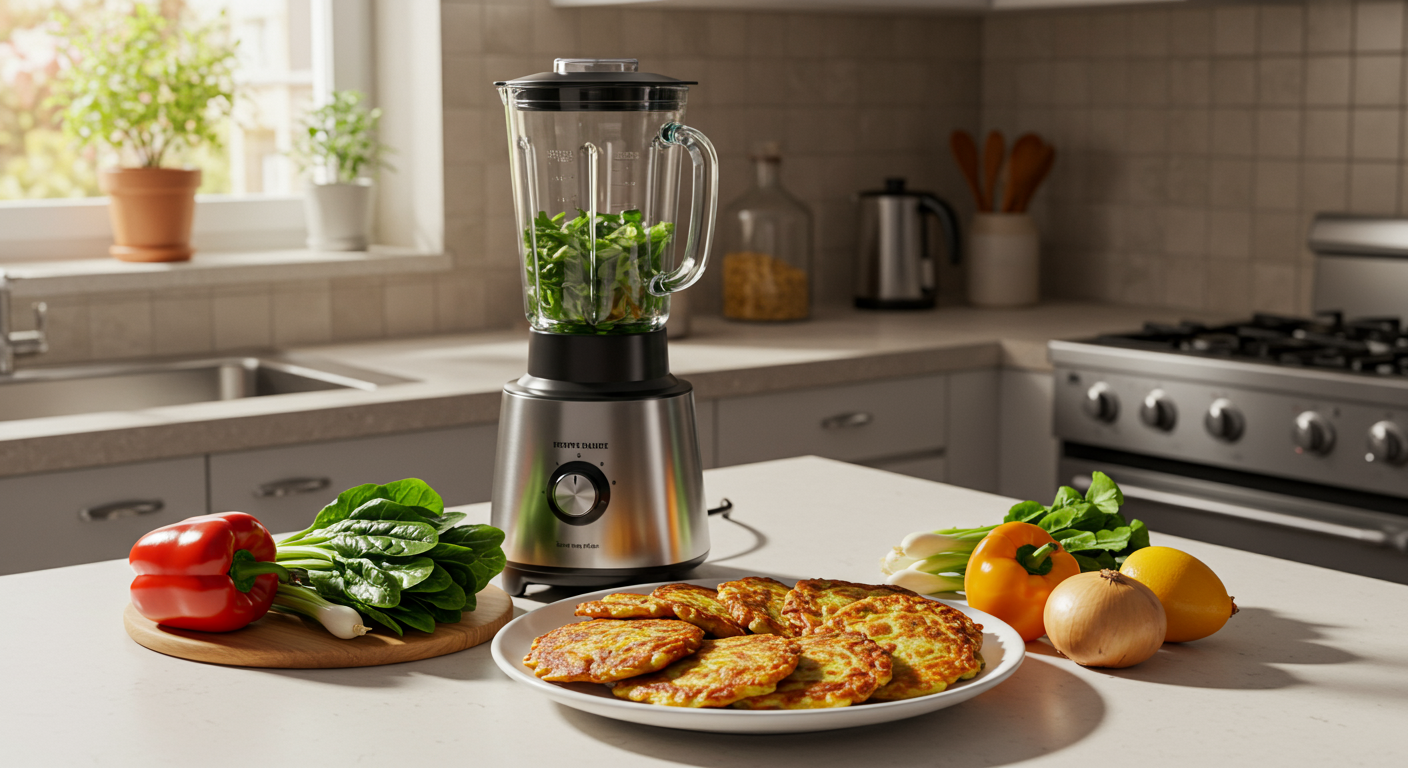 현대식 주방에서 믹서기로 만든 노릇한 감자전과 주변의 신선한 채소들