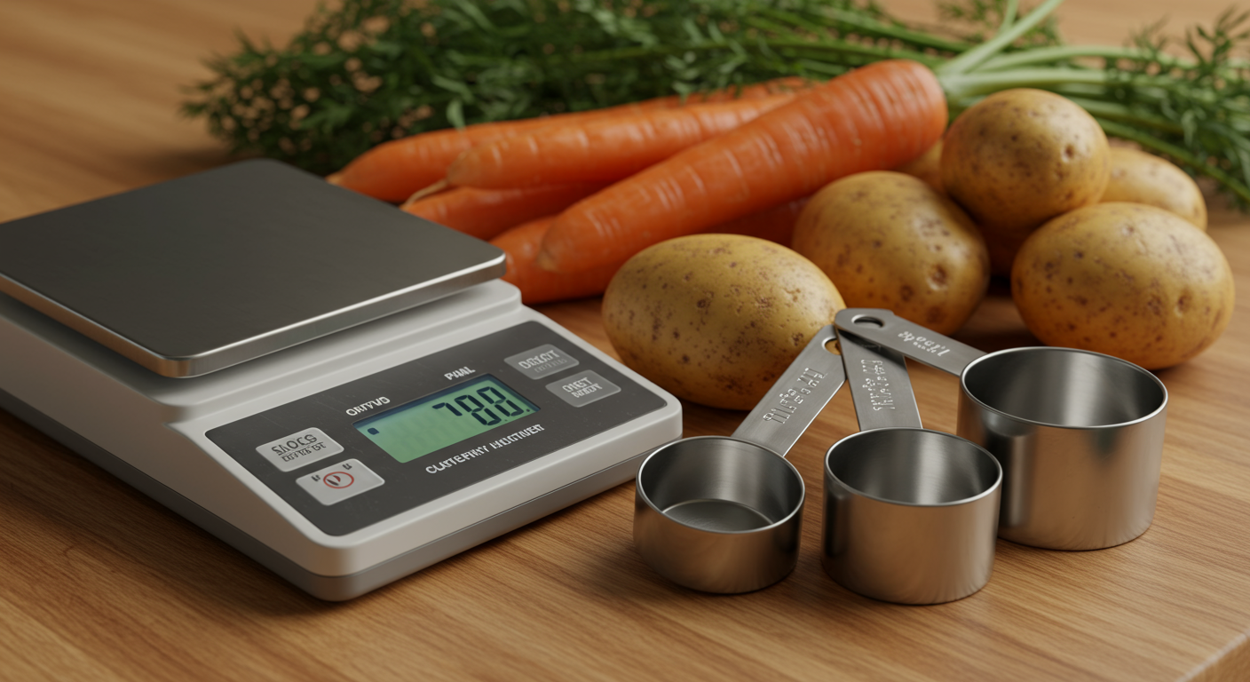 디지털 저울과 측정컵으로 감자를 정확히 계량하는 장면