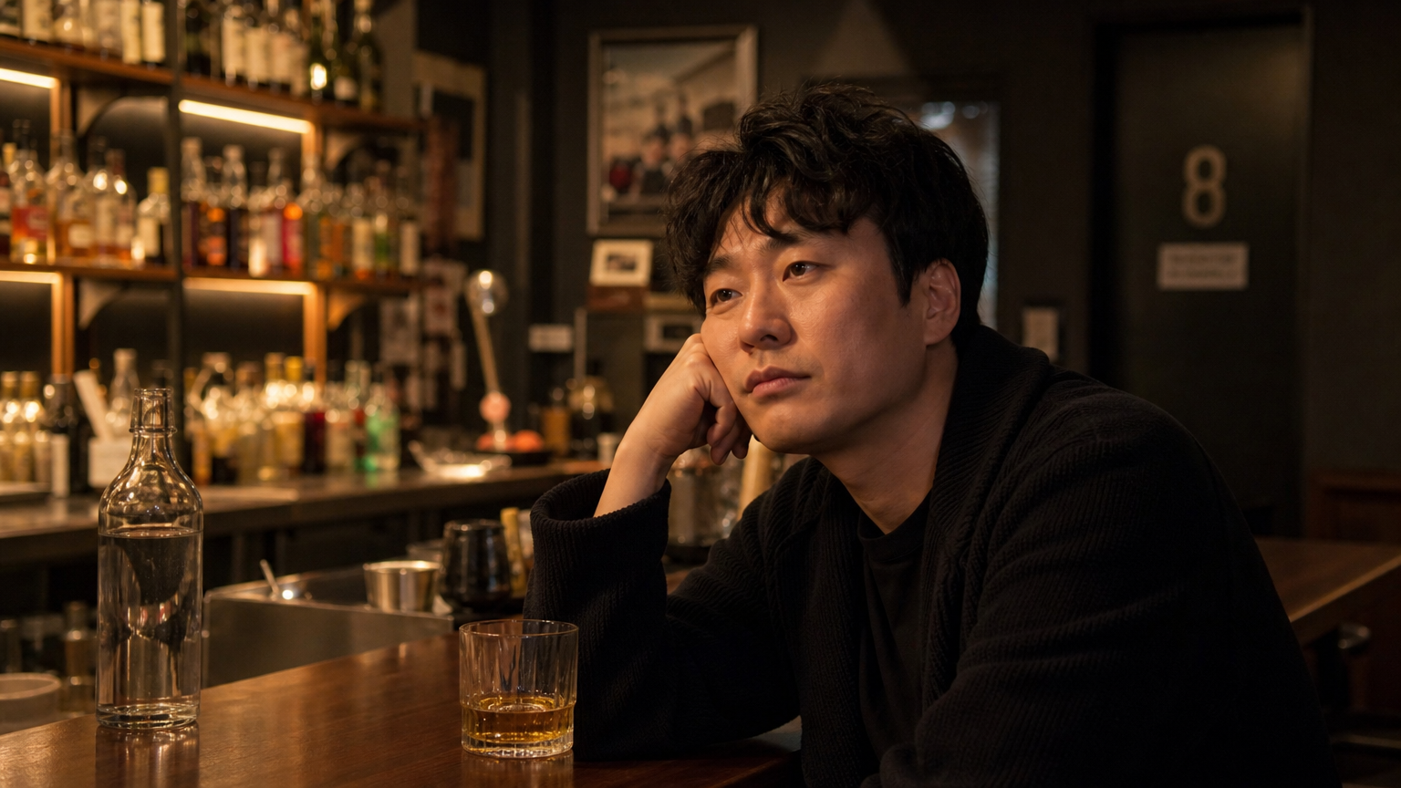 현대적인 인테리어의 조용한 바에서 생각에 잠긴 한국 코미디언의 모습