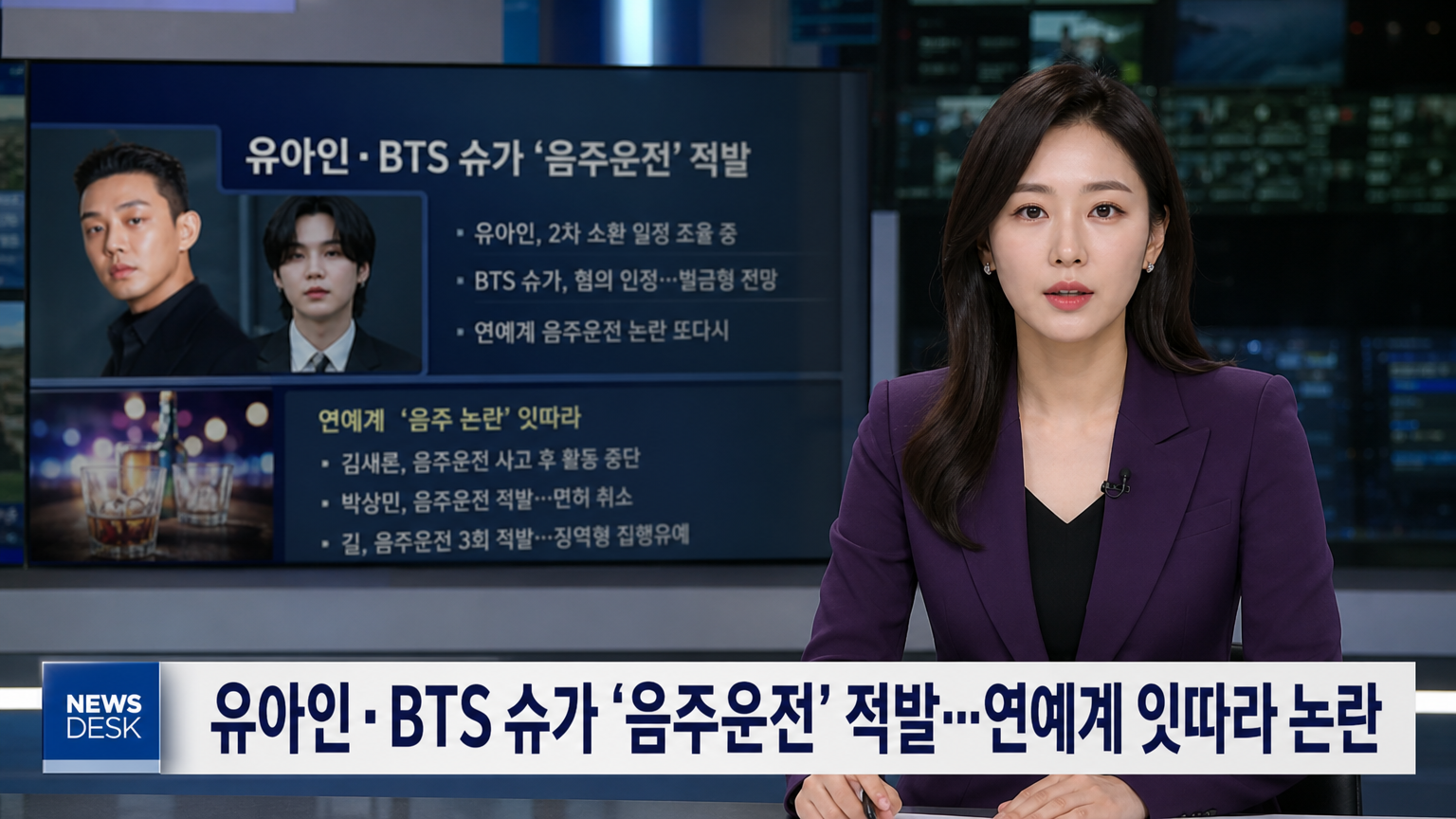 뉴스 스튜디오에서 연예인 음주 사건을 보도하는 한국 뉴스 앵커