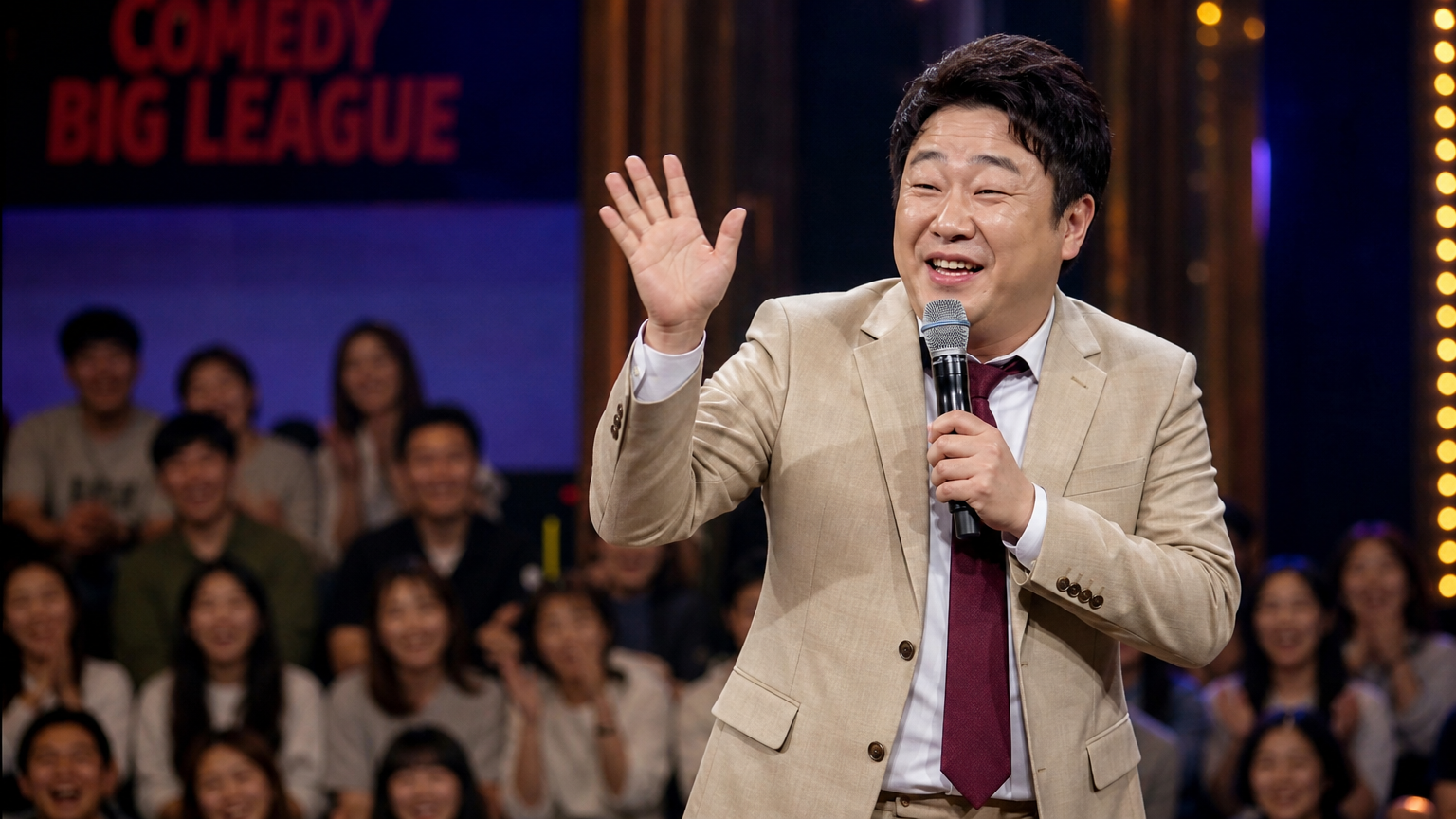 무대 위에서 관객과 함께 웃음을 주는 즐거운 한국 코미디언