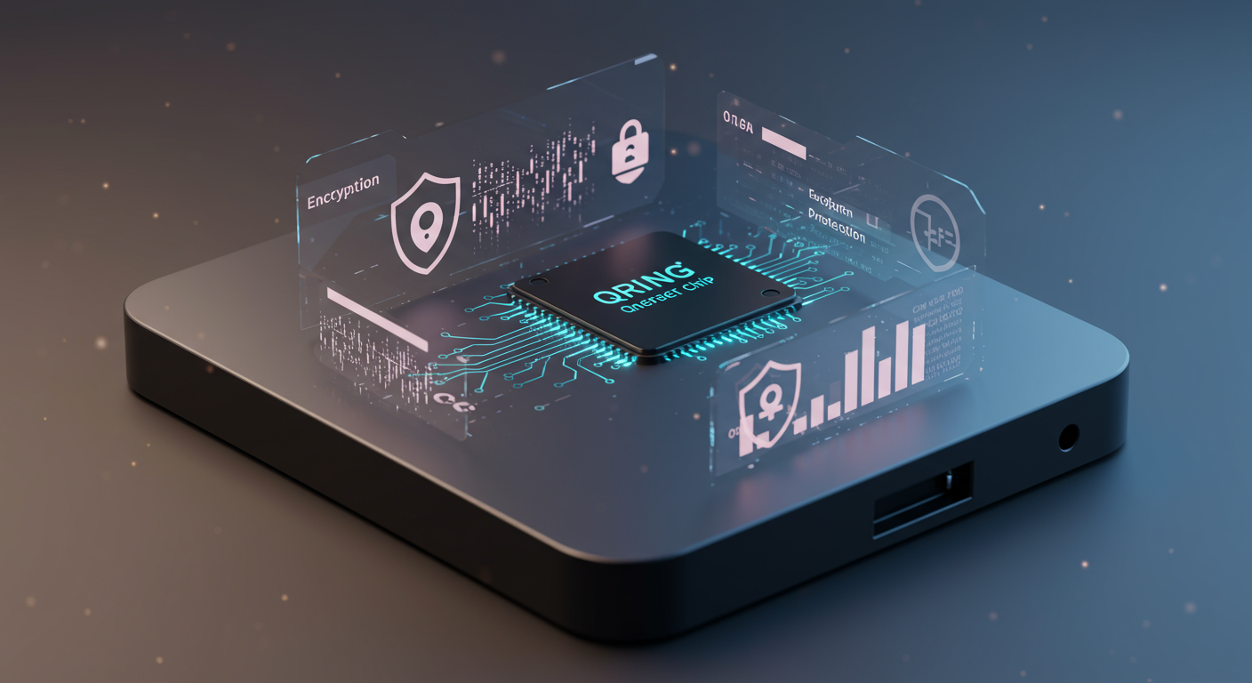 최첨단 IoT 기기에 통합된 QRNG 칩 기술 클로즈업으로 암호화와 데이터 보호 기능 강조