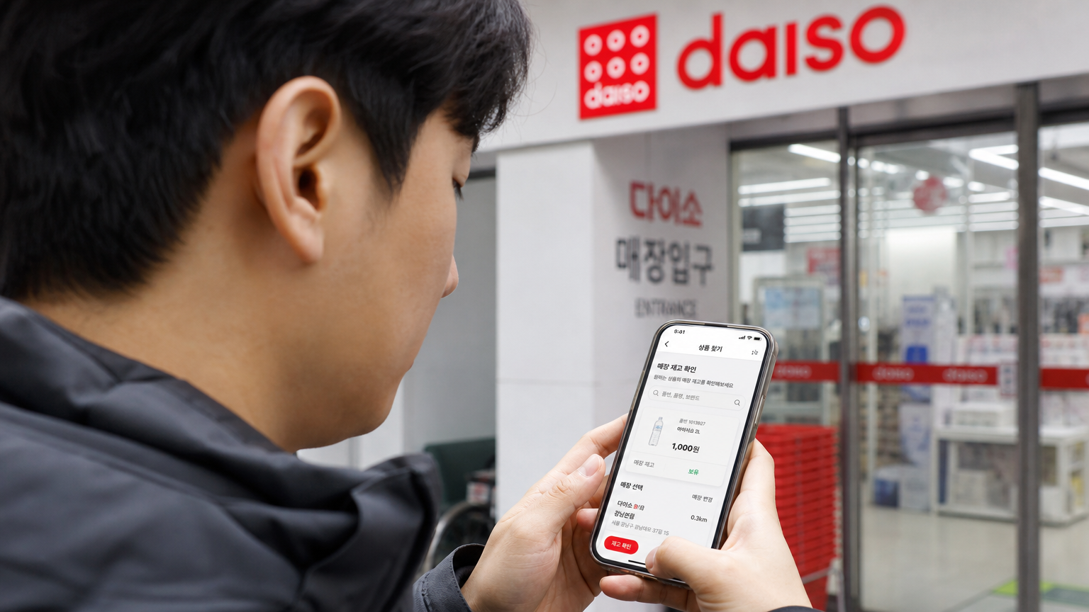 스마트폰 앱으로 다이소 제품 재고를 확인하는 남성의 모습