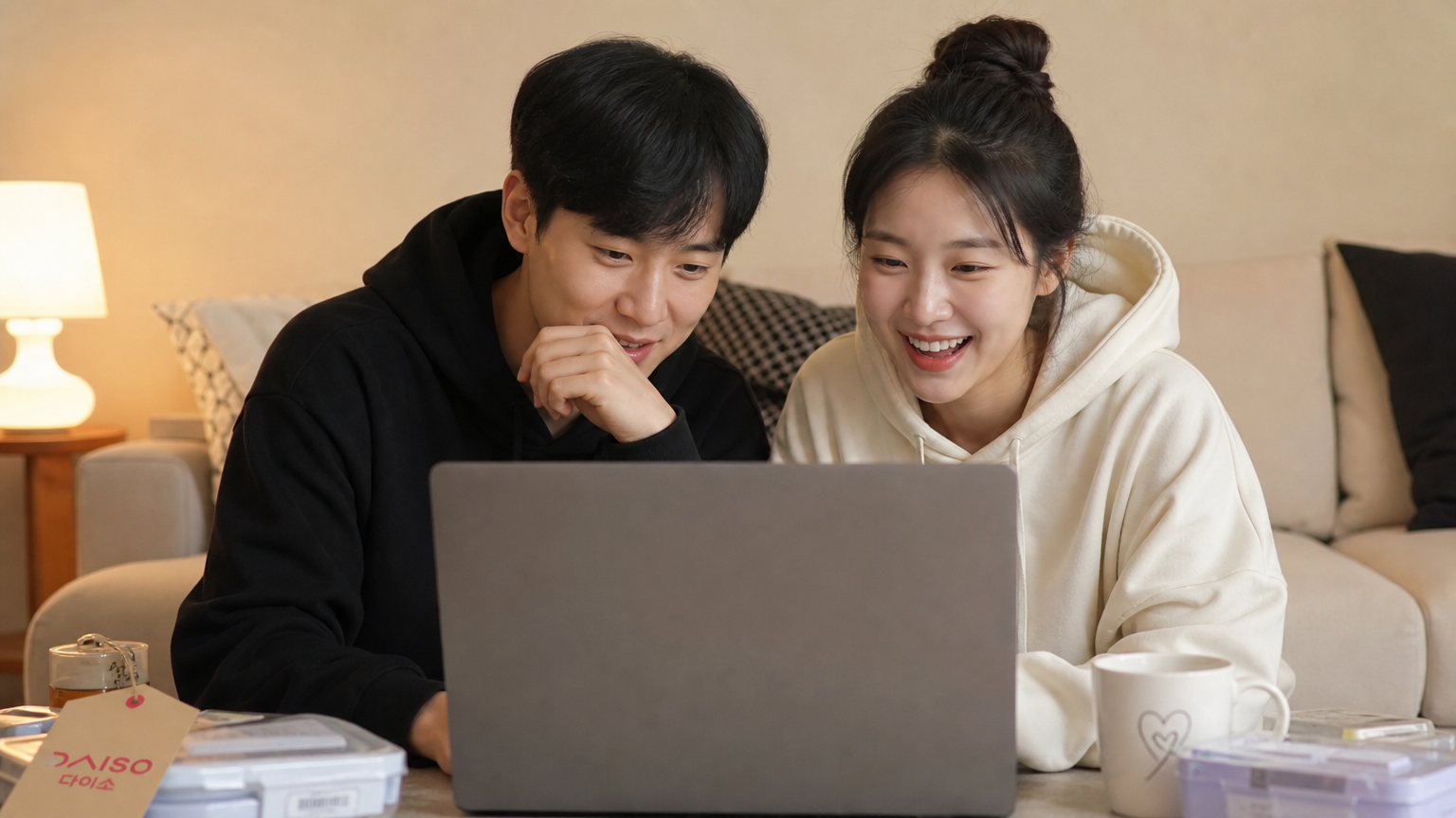 노트북으로 다이소 제품 리뷰 영상을 함께 보는 커플의 모습