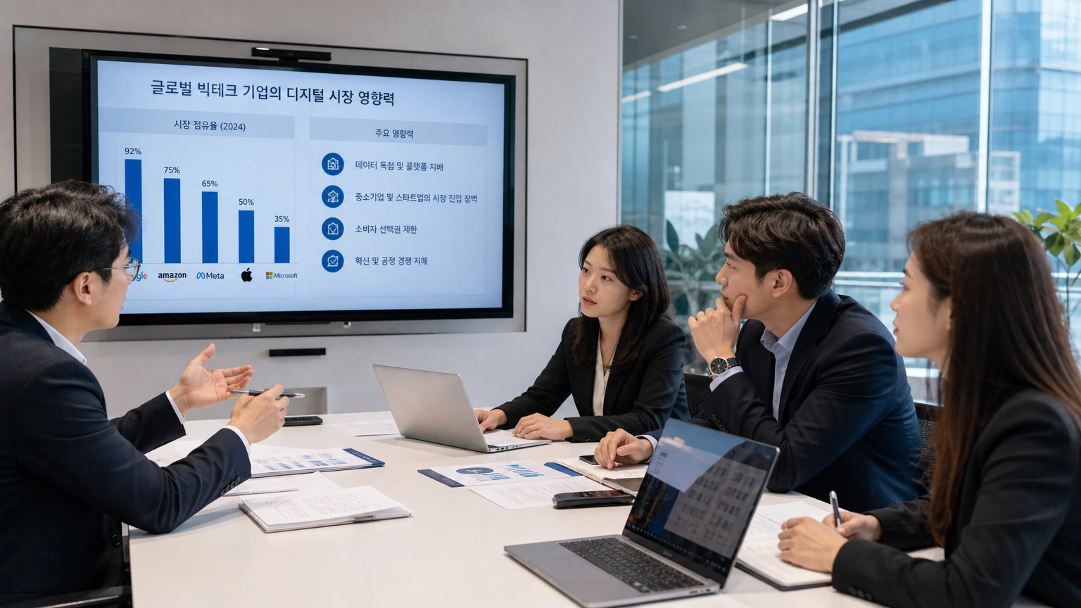 현대적 사무실에서 디지털 시장에 대한 토론을 나누는 비즈니스 전문가들