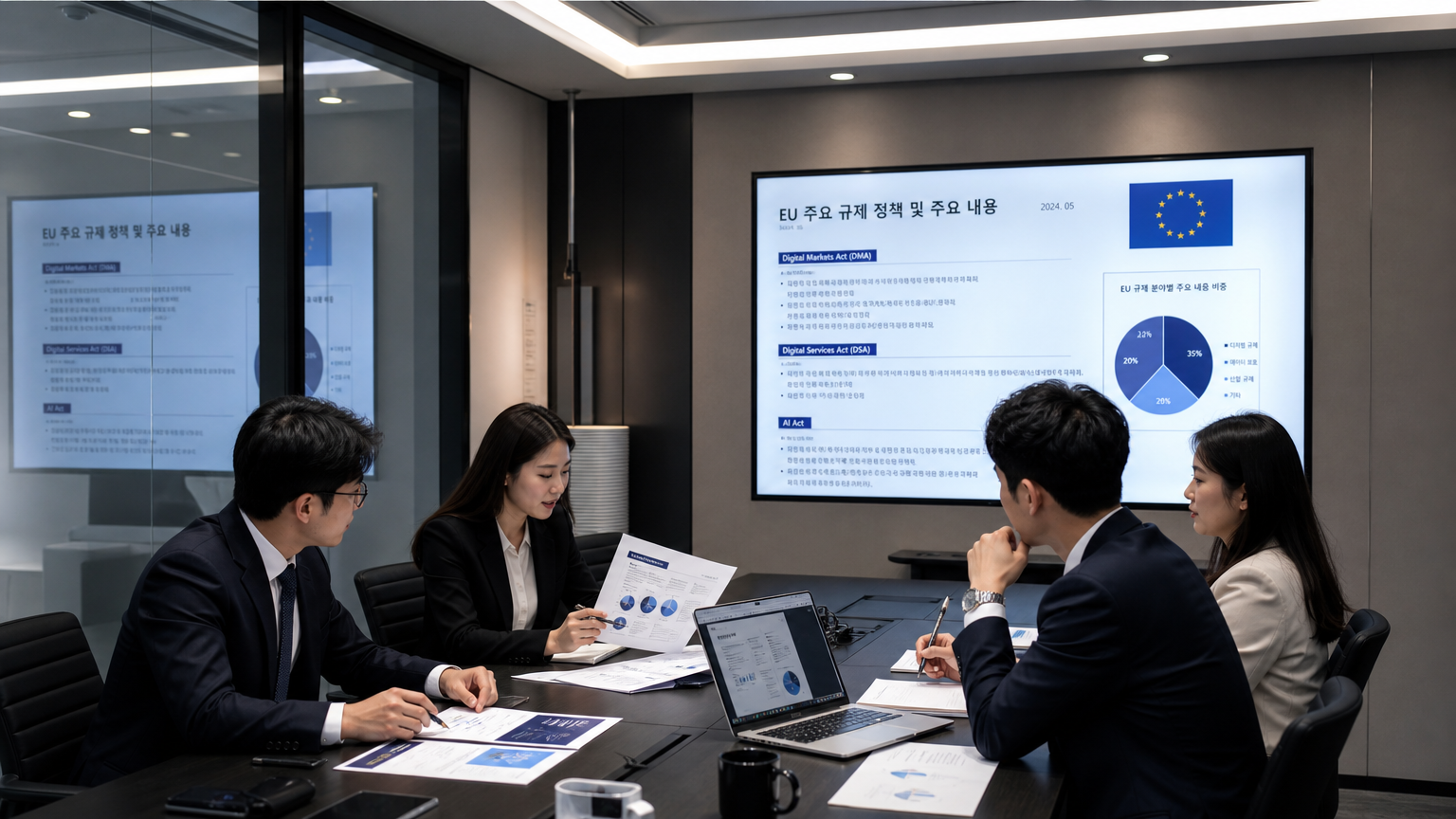 회의실에서 EU 규제 정책에 대해 토론하는 회사원들