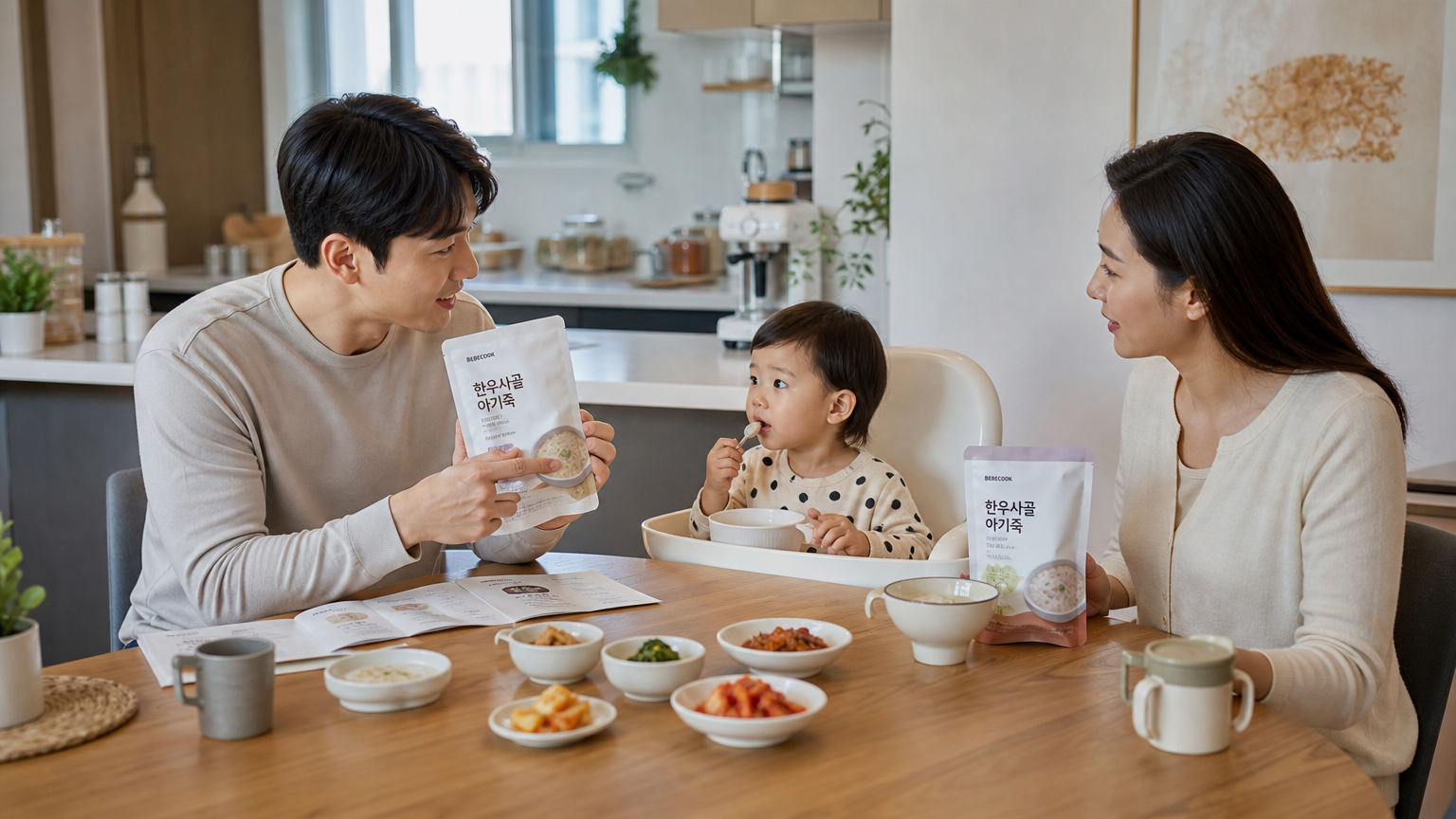 현대적인 한국 가족이 식탁에서 죽의 새로운 포장 변화를 이야기하며 식사하는 모습