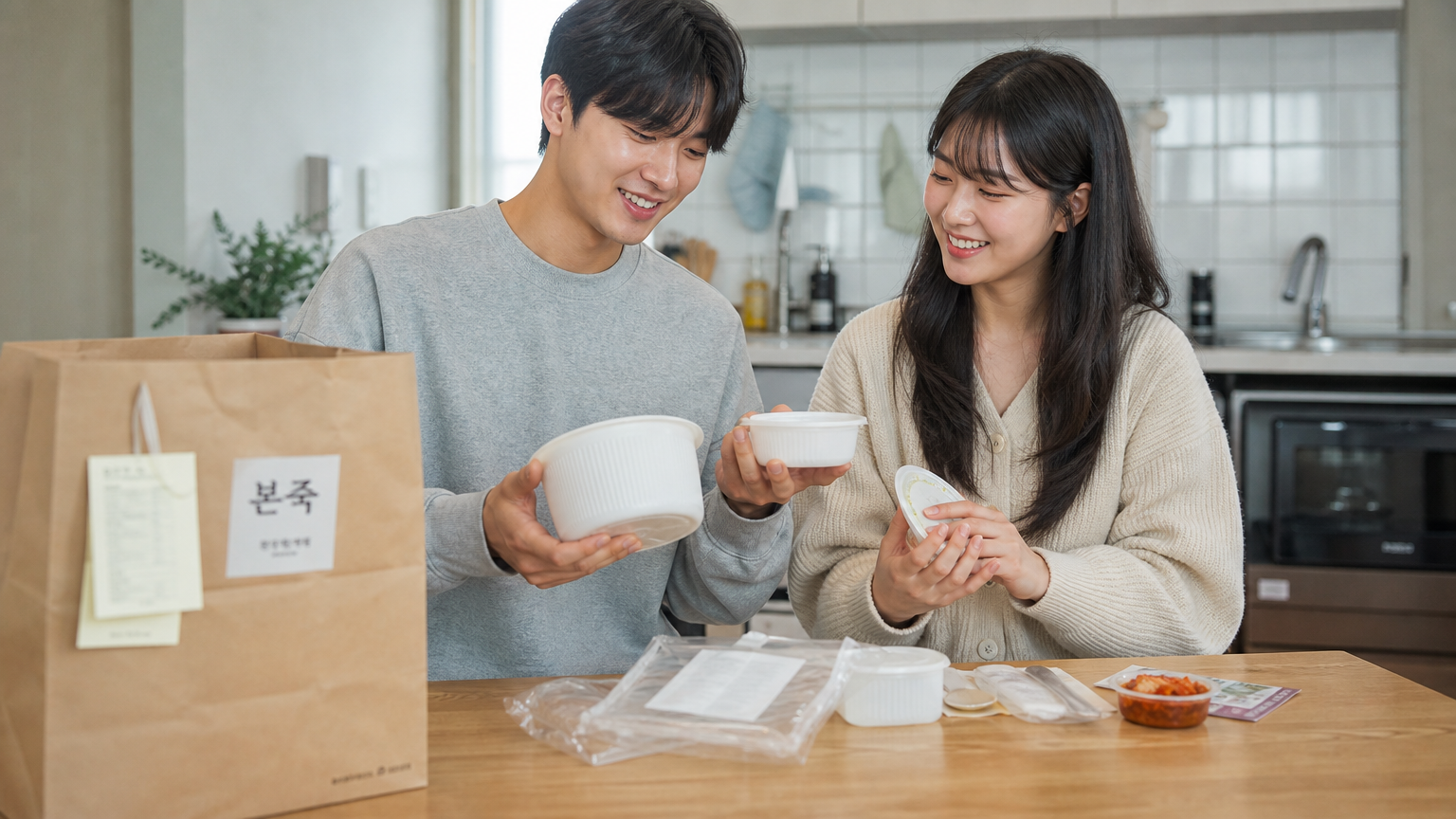 젊은 한국 커플이 아파트 주방에서 새로운 이등분 용기로 죽을 언박싱하는 모습