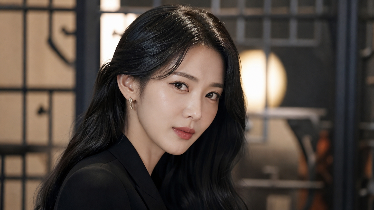 현대적이고 세련된 스타일과 우아한 메이크업을 한 배우의 모습