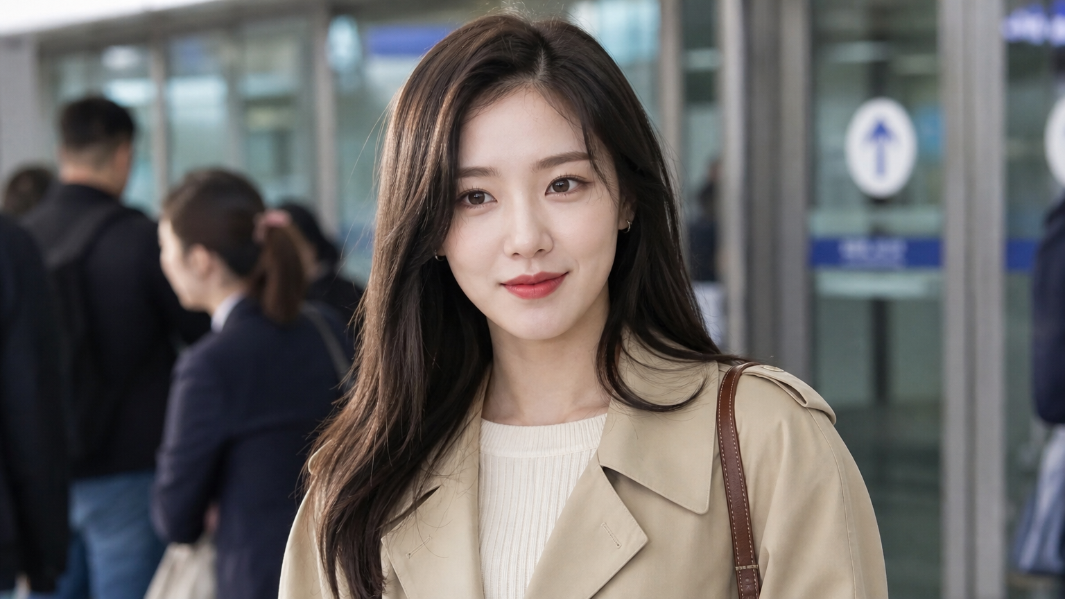 자연스러운 입술 라인을 강조하며 공항에서 세련된 패션을 선보이는 배우