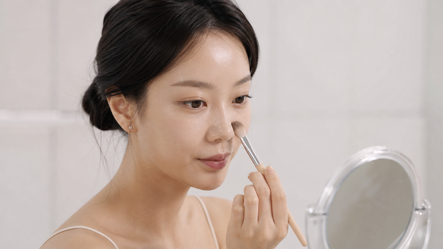 자연스러운 피부 광채를 돋보이게 하는 누드 메이크업을 하는 여성