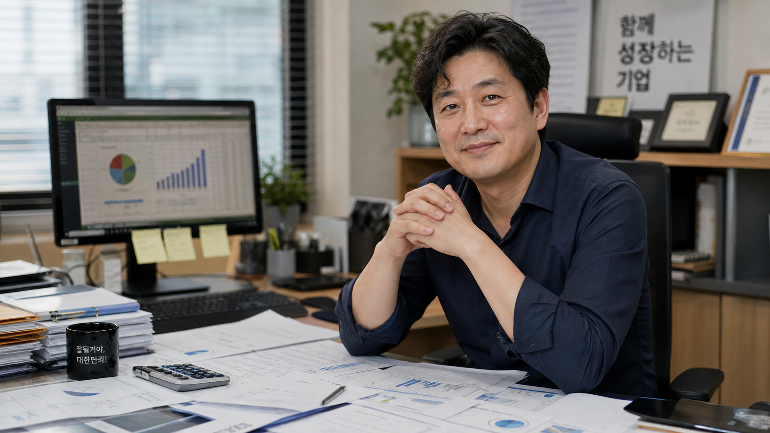 서류로 가득 찬 책상에 앉아 희망적인 표정을 짓고 있는 한국의 소상공인