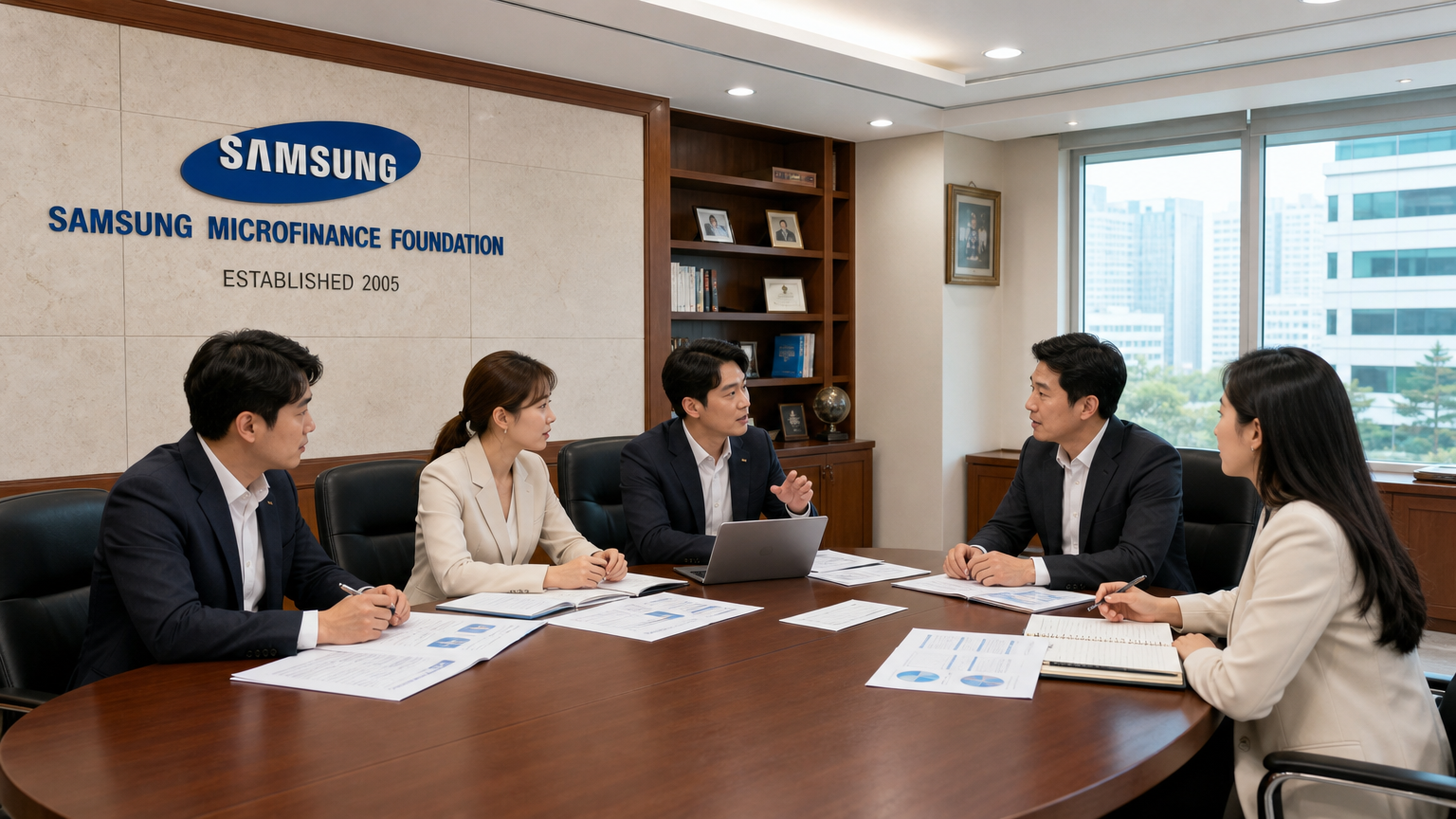 삼성미소금융재단 사무실에서 금융 전략을 논의하는 현대적 분위기의 전문가들