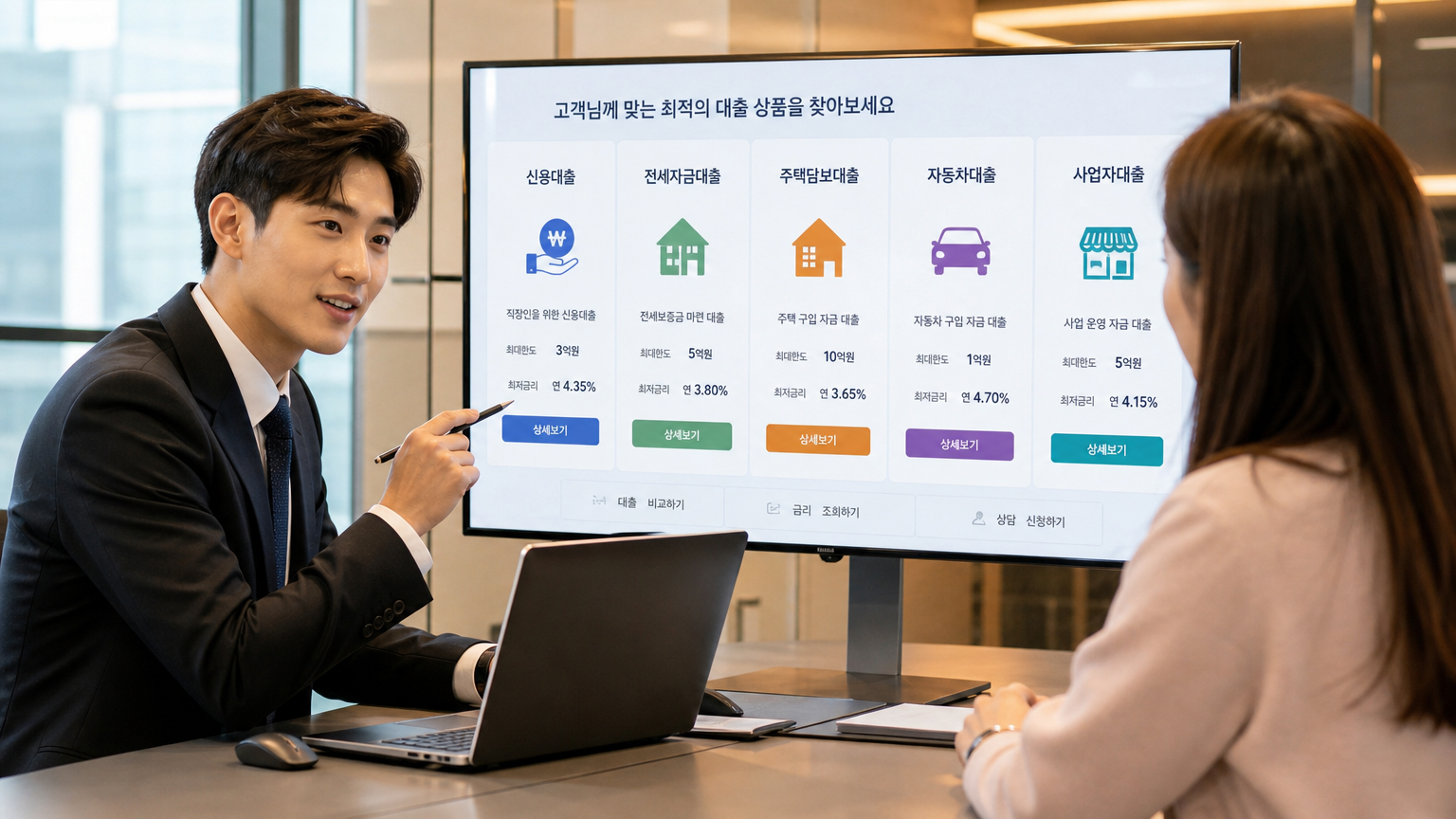 금융 상담 세션에서 화면에 표시된 다양한 대출 옵션과 함께 있는 한국 상담사