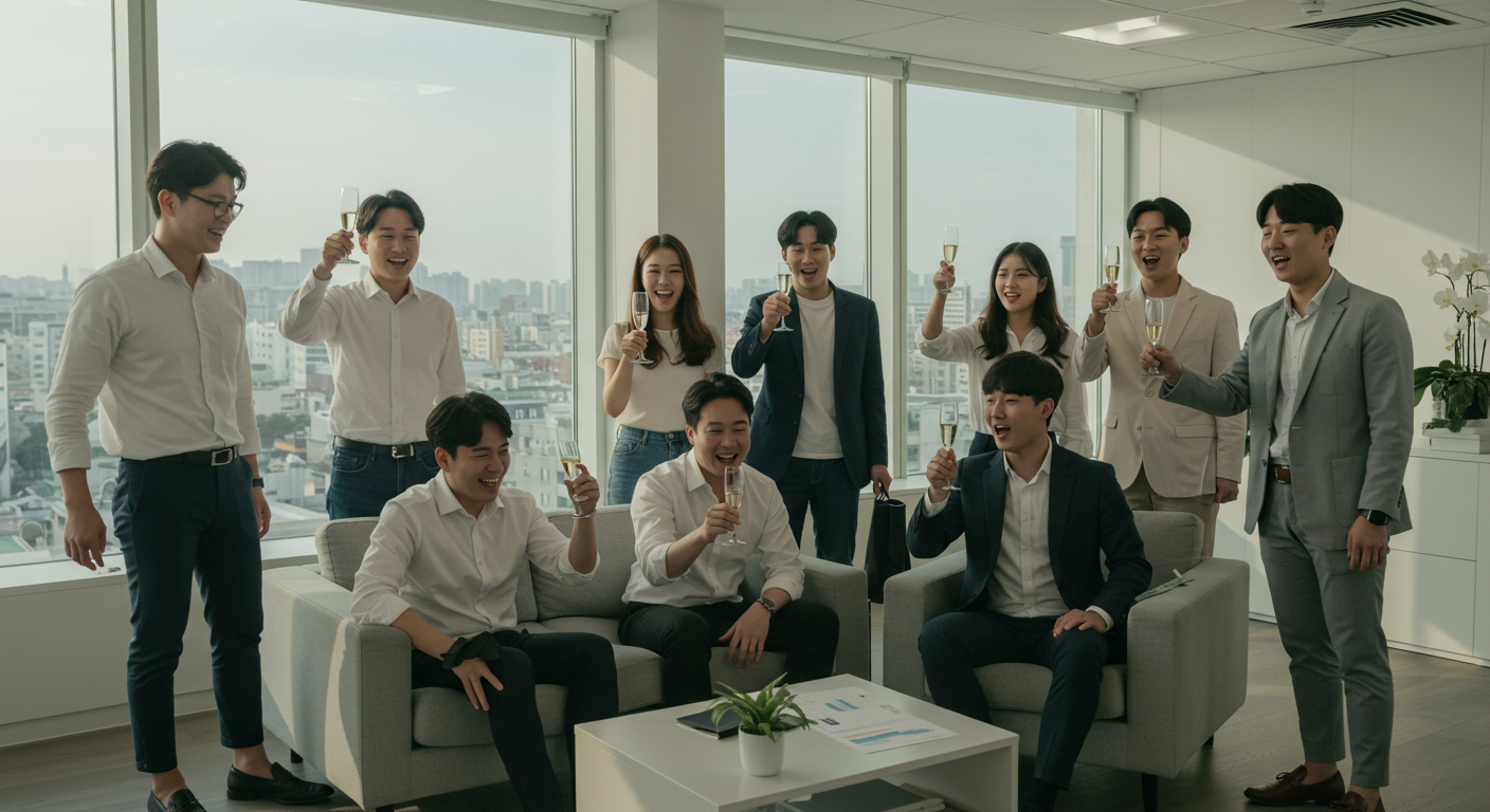 정부 보조금을 확보한 후 성공을 축하하는 젊은 창업가들