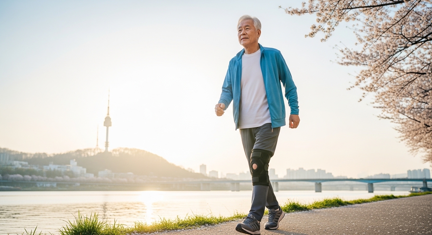 한강변을 빠르게 걸으며 건강을 챙기는 노년 남성