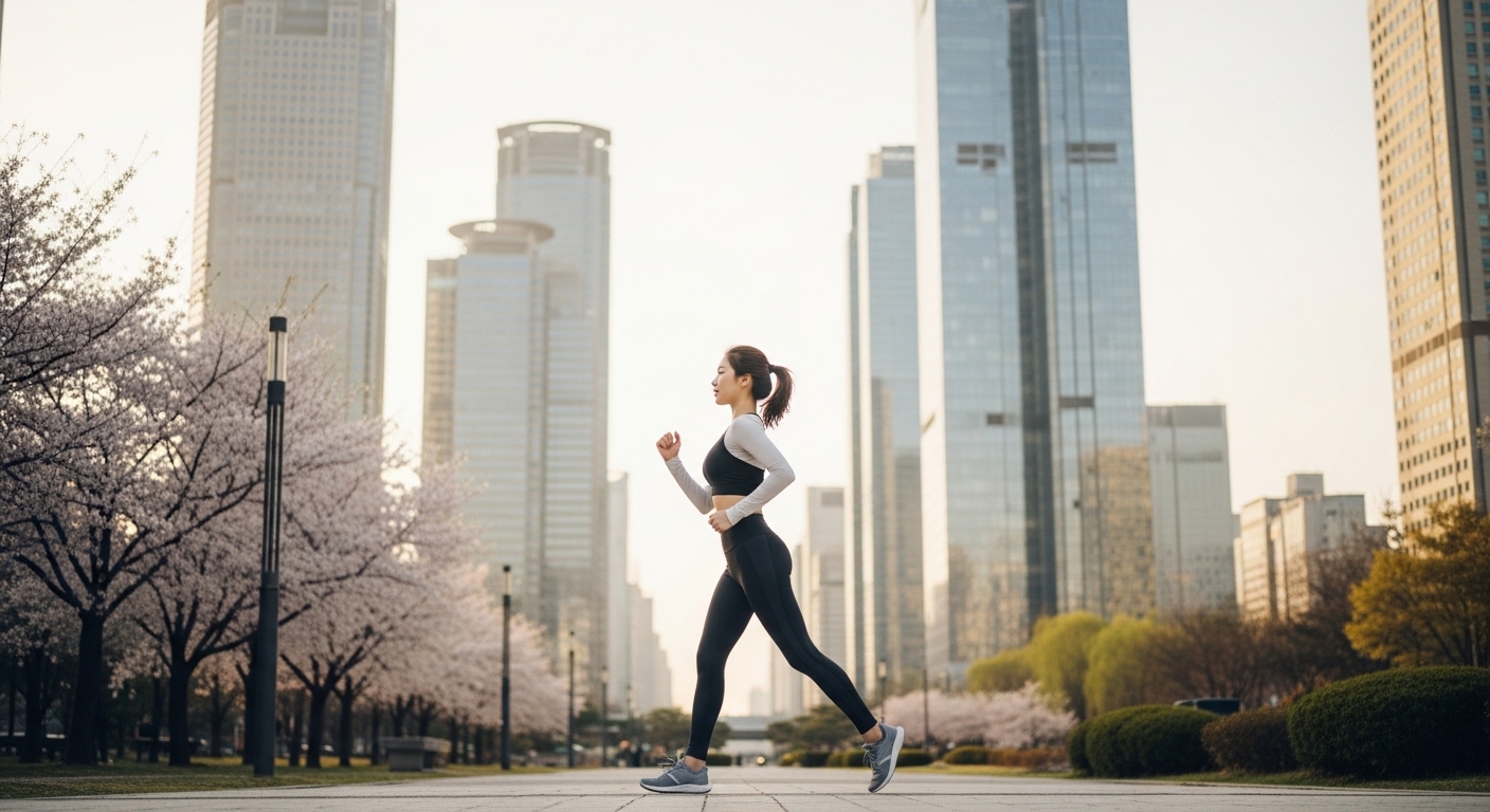 도시 공원에서 바른 자세로 걷기를 연습하는 여성