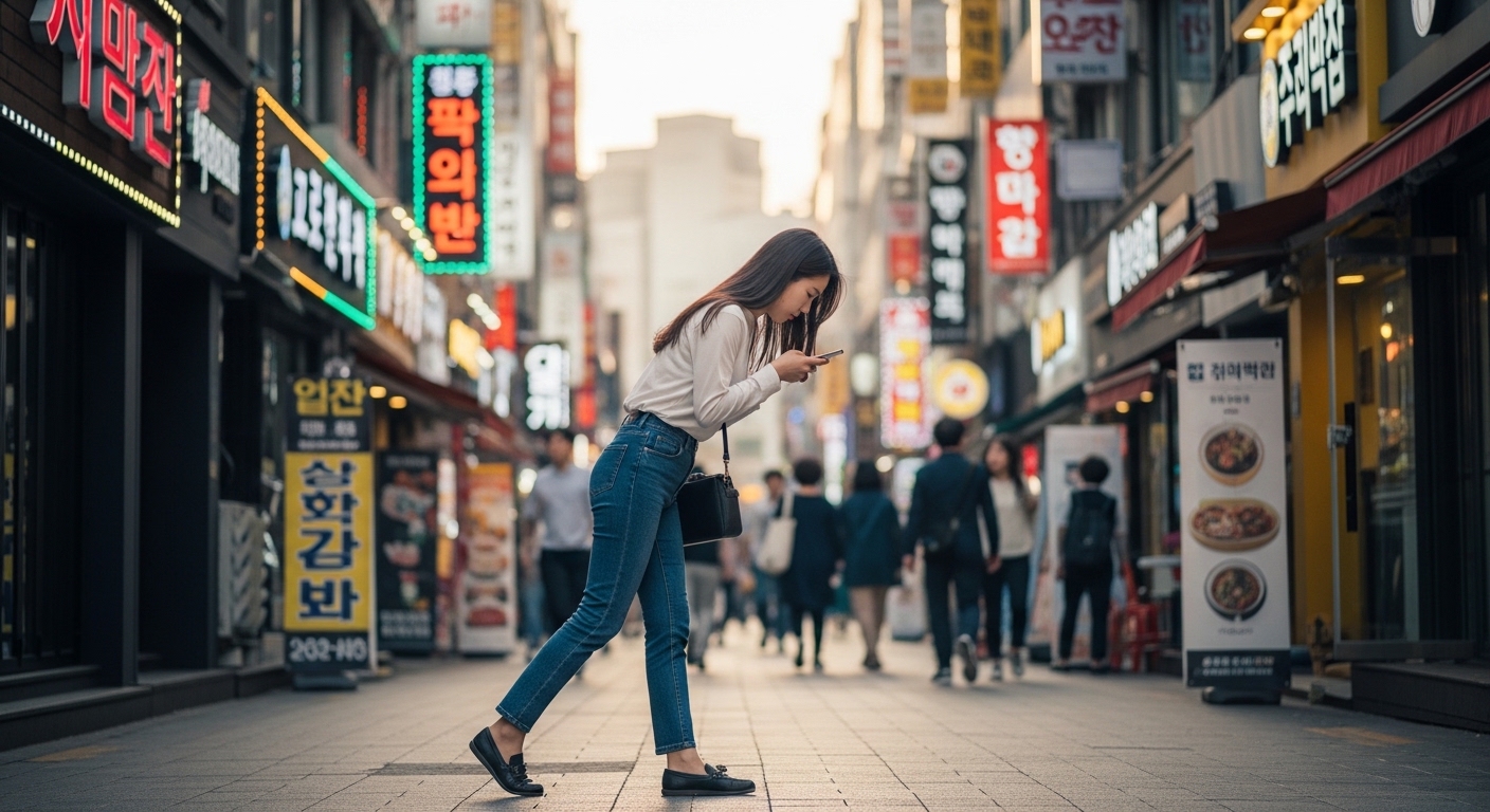 스마트폰을 보며 거리에서 걷는 여성이 나쁜 자세로 강조됨