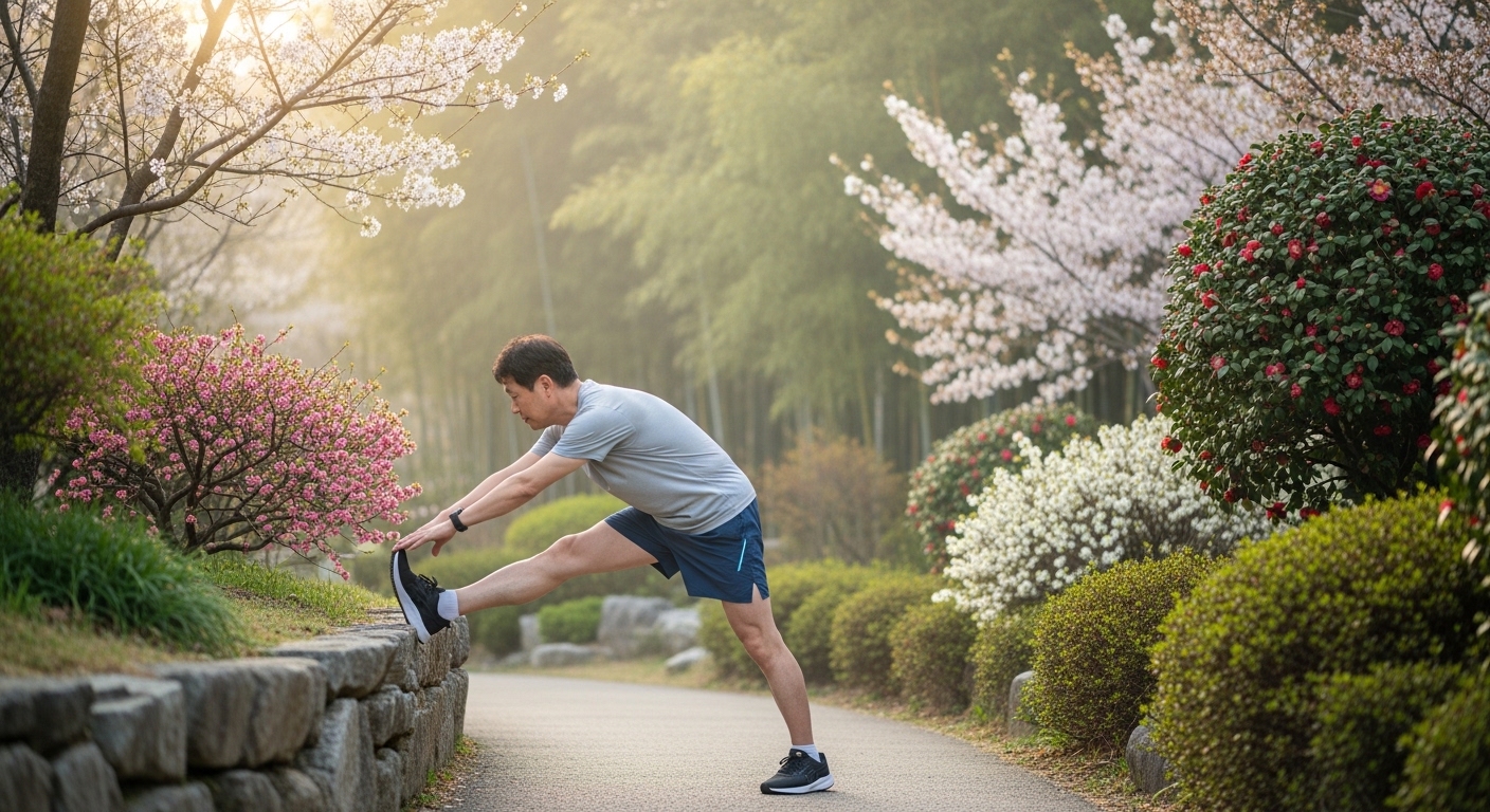 아침 운동 전 조용한 정원에서 스트레칭하는 중년 남성