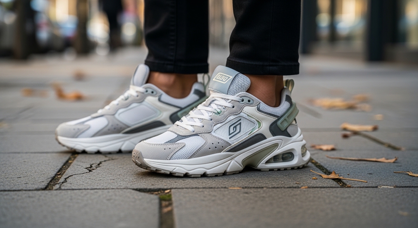 도시 길 위에 쿠셔닝 좋은 신발을 신고 있는 성인의 클로즈업