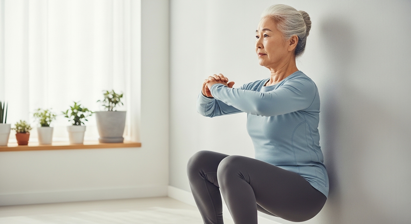 실내에서 벽 스쿼트를 수행하며 강력함을 보여주는 노년 여성