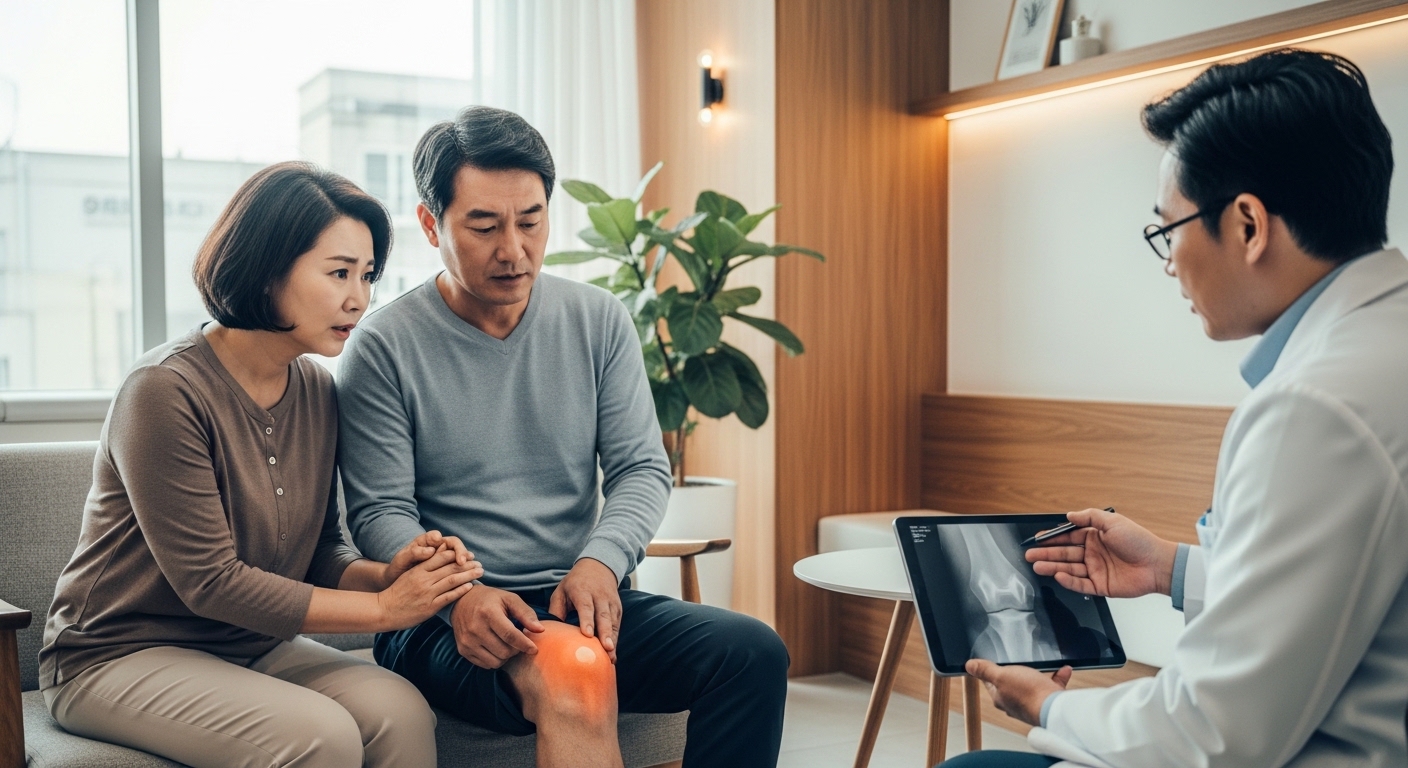 병원에서 의사와 함께 무릎 통증에 대해 상담하는 중년 부부