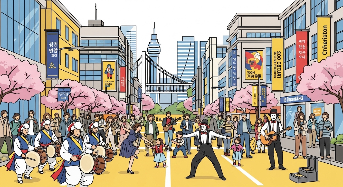 인천의 다양한 사람들이 야외에서 공연을 즐기는 활기찬 도시 풍경