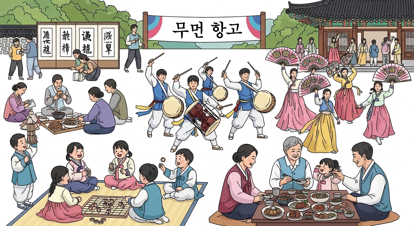 다양한 한국 청소년과 가족들이 함께 문화 행사를 즐기는 모습