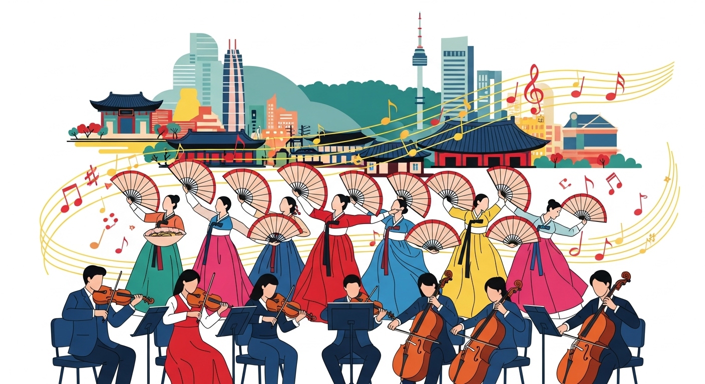 오케스트라와 전통 한국 무용 등 다양한 예술 공연이 펼쳐지는 장면