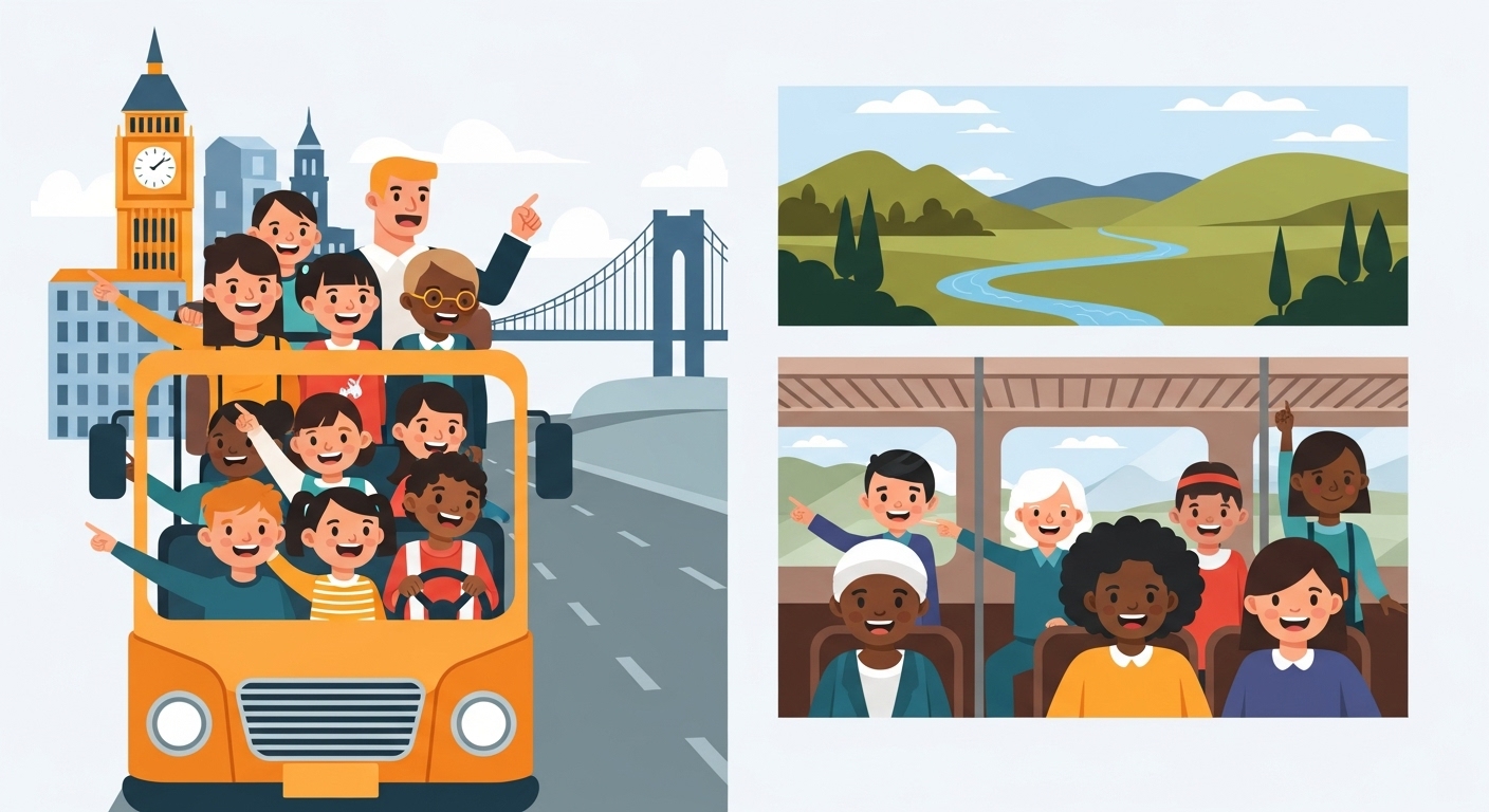 어린이와 가족들이 시티투어나 열차 여행 등의 맞춤형 문화를 체험하는 모습