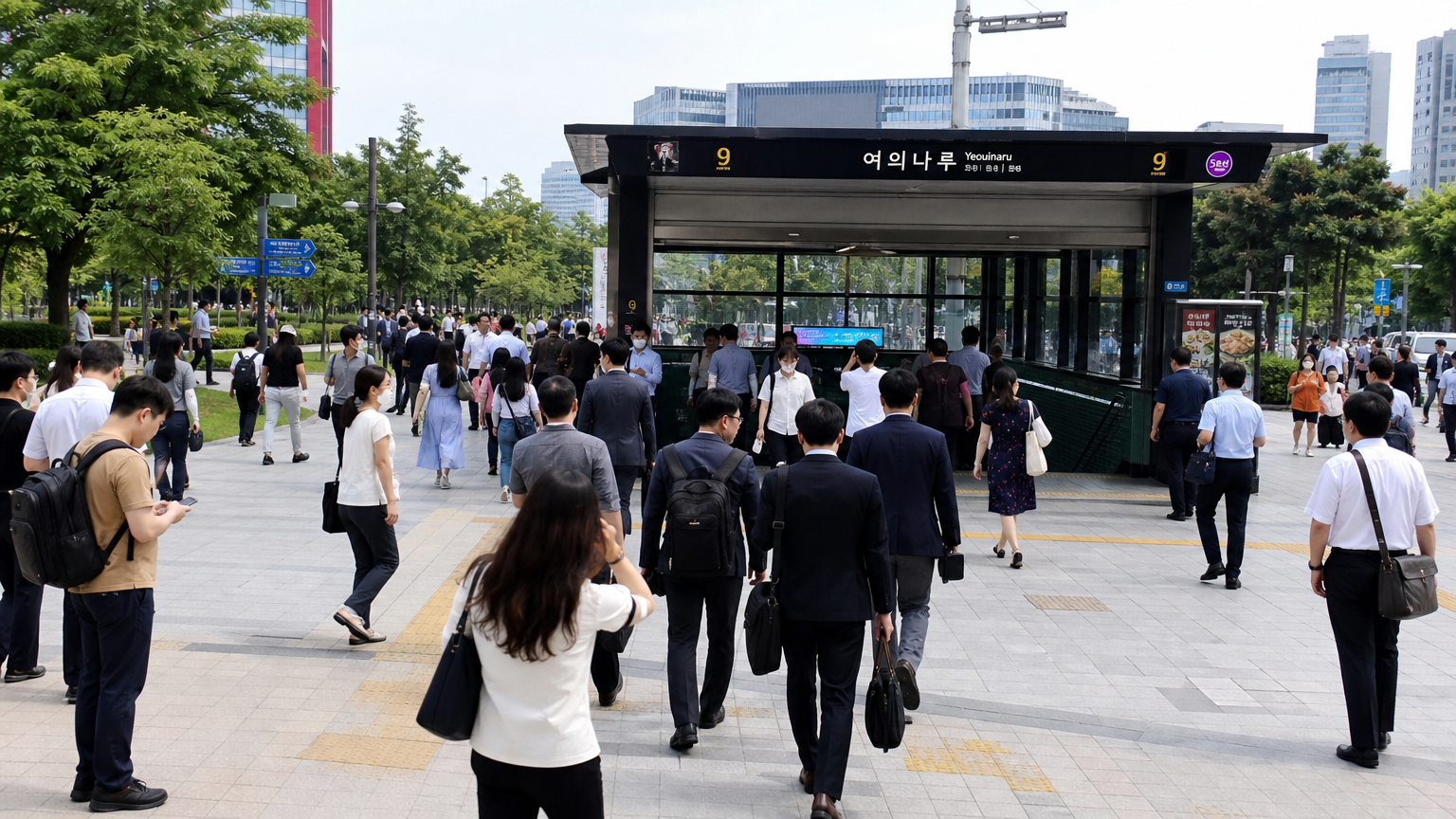지하철역 근처에서 통근하는 사람들과 주변 공원 풍경