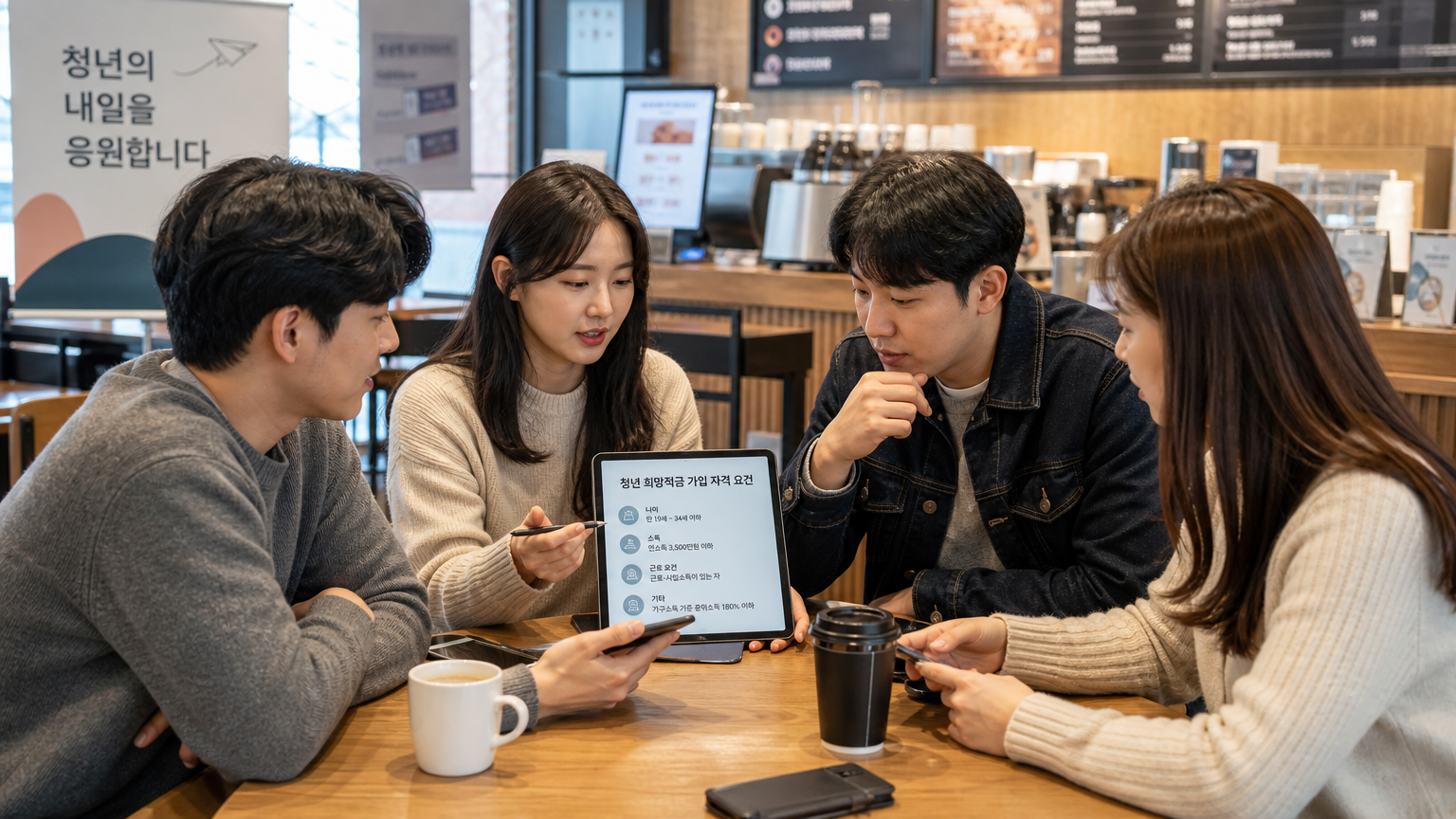 카페에서 저축 프로그램의 자격 요건을 토론하는 젊은 성인들