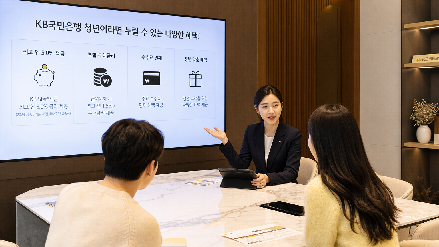 은행 회의실에서 금융 혜택을 설명하는 직원들과 고객들