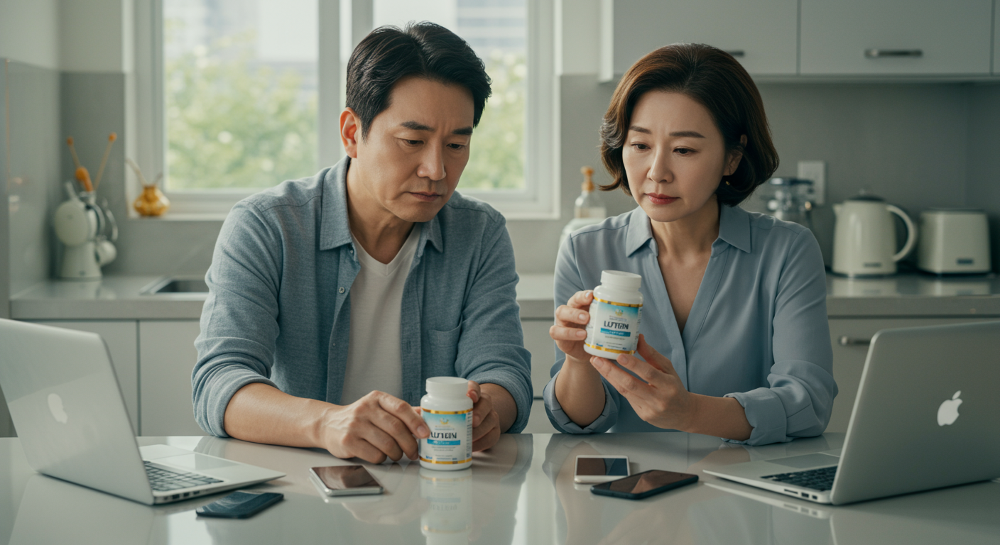 현대적인 주방 테이블에 앉아 디지털 기기를 주변에 두고 루테인 보충제를 살펴보는 중년 부부의 모습