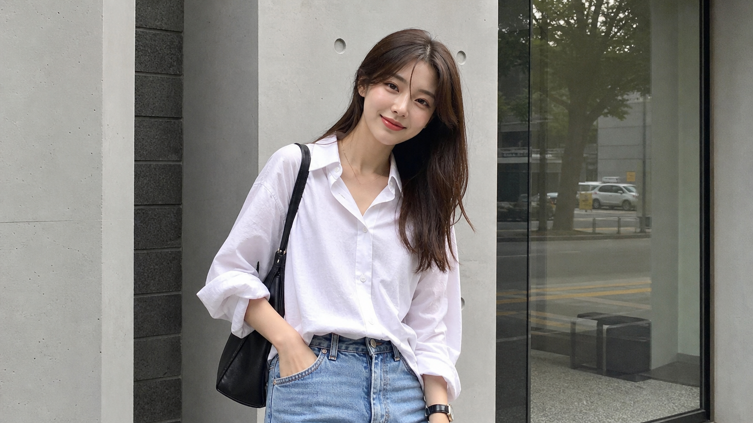 배우가 도심에서 캐주얼하고 세련된 옷차림으로 자연스럽게 포즈를 취하는 모습