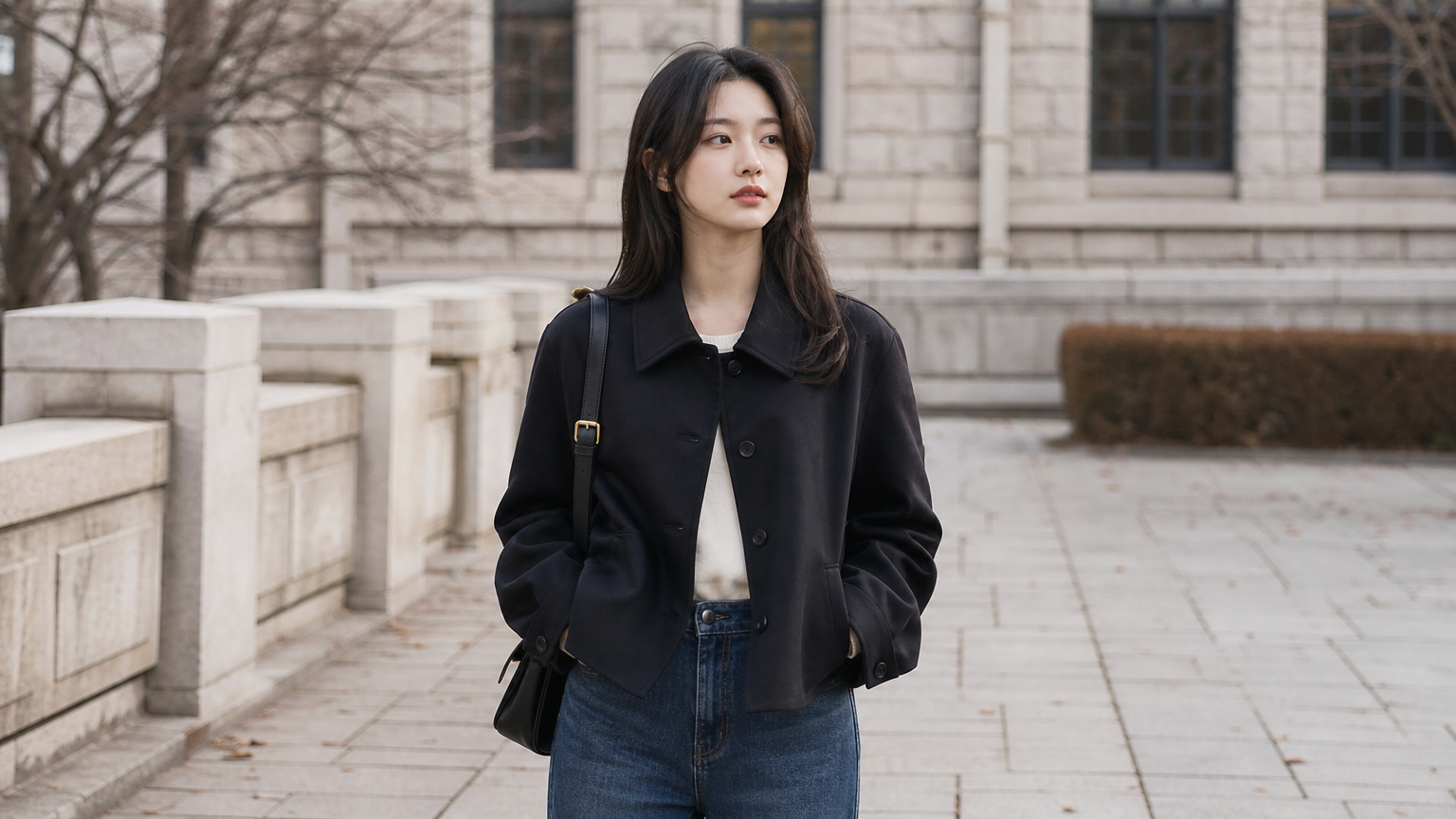 깔끔한 실루엣과 실용적 편안함을 강조하는 우아한 학생 스타일