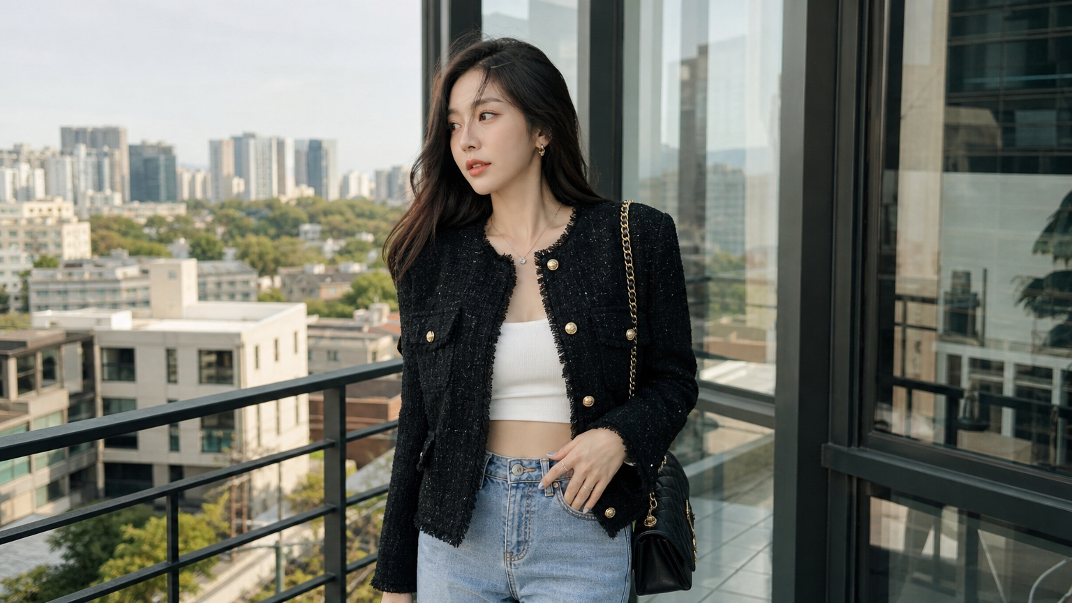 블랙 트위드 재킷과 연청 데님 및 흰색 크롭티로 구성된 세련된 한국 패션